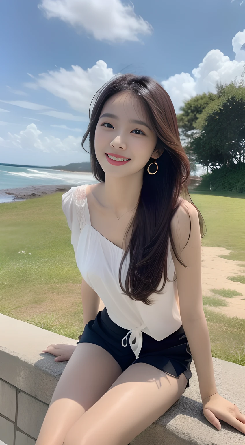 a young, Beautiful and cute Korean actress,Full body photo,Extremely beautiful and delicate,Black color hair,Pouting and smiling,Delicate and beautiful fair skin,Realistic and realistic,exquisite and complete facial features,Detailed depiction of the face,tall nose bridge,Smooth hair,extremely detail hair,Feminine temperament,Tall and tall,Thin,Realiy,White teeth,Tied up with hair,Hyper-realism,sandals,full body shot shot,Forward tilt angle,Extreme picture quality,Highest precision,Precise and perfect human anatomy。with blue sky and white clouds,with blue sky and white clouds,rays of sunshine,Cows, sheeps, (Chiffon tops,Chiffon shorts)(telephoto shot,)Express the landscape,Highlight portrait。Sitting on the beach by the sea。Wearing earrings