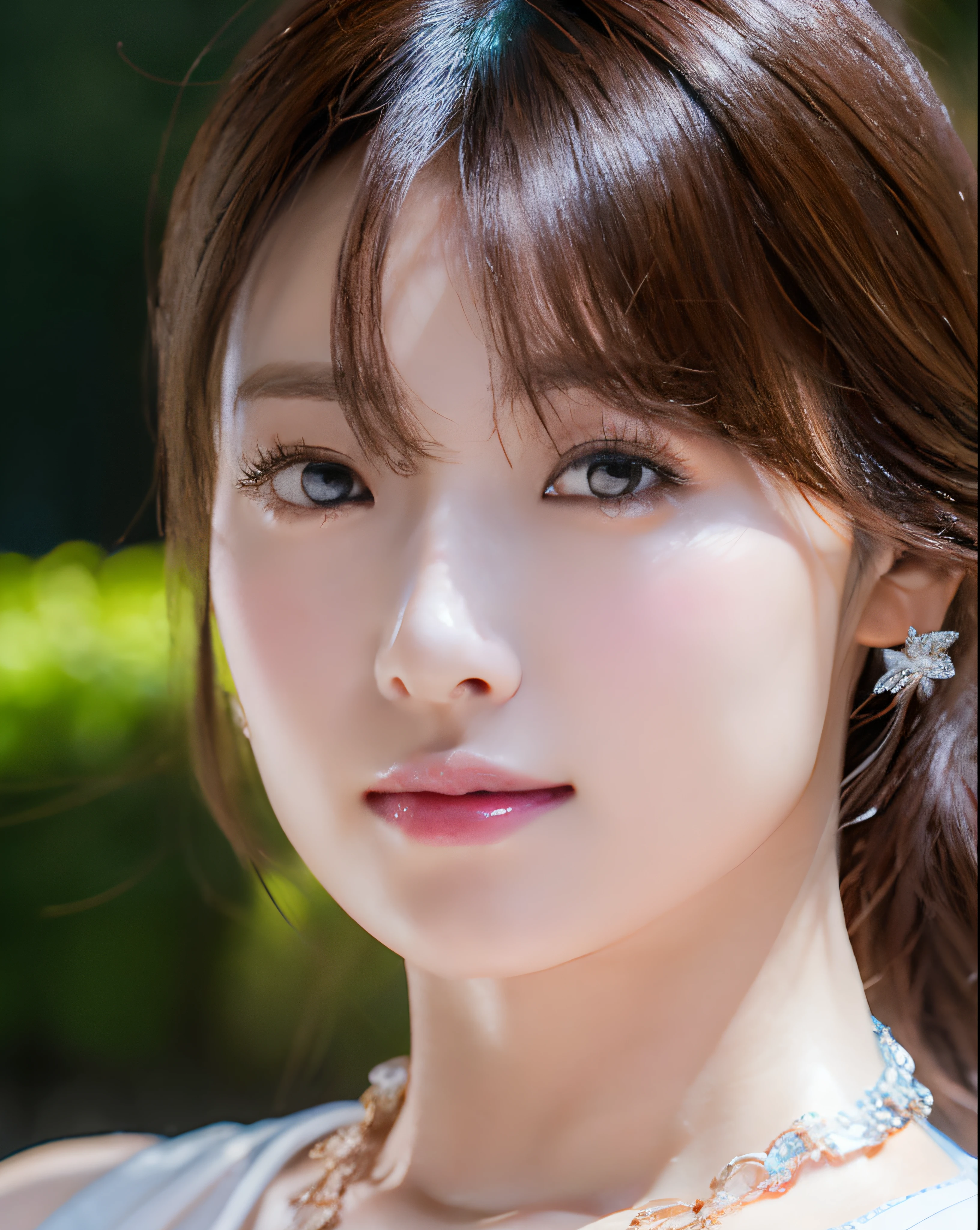 Bust up of a Korean woman in her 20s with fair skin, blush, in a black lace bra, silver chain necklace, huge size. (8K, Best Quality : 1.2), (Masterpiece, Photorealistic : 1.3), Super Detail, anatomically correct
