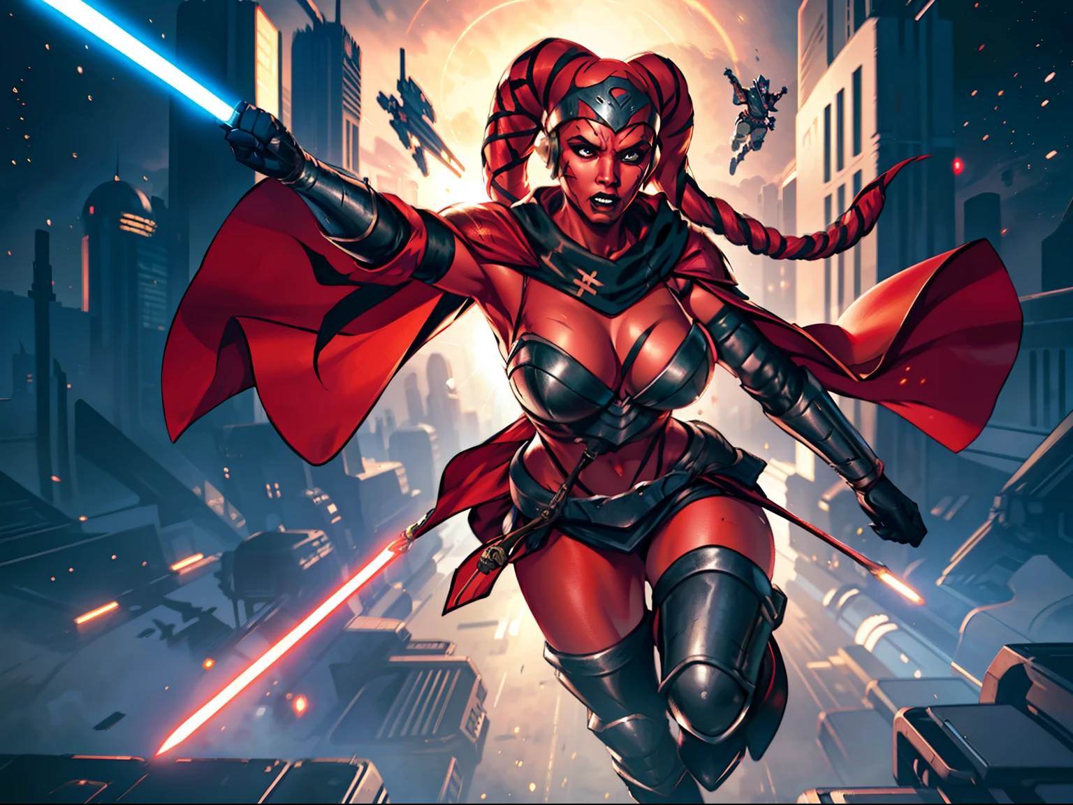 running, raised fist, violence, leaping, sword fighting, lasers, explosions, action scene, fighting, masterpiece, best quality, high-definition, armor, busty, ((red skin), twi'lek), dual red lightsabers, evil space knight, space ninja, (wearing black robes, chest covering, black stealth armor, breastplate, tunic, tabard, cowl, cloak, body glove, straps, buckles, skirts, long sleeves, fantasy, ((armor))), ((busty), slender body, thin, slim sexy body, slim waist, huge breasts), Imperial starship, Star Wars, futuristic city, warzone
