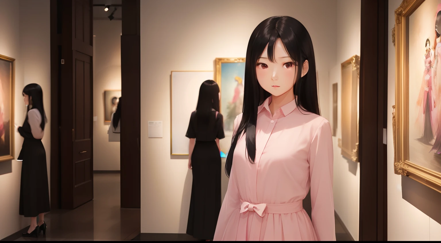 "Generating an image of one young asian woman with long black hair. She has a beautiful face and、Wearing a pink formal dress. She stands in a small art gallery, Staring at the camera with a serious expression, Exudes a mysterious aura."