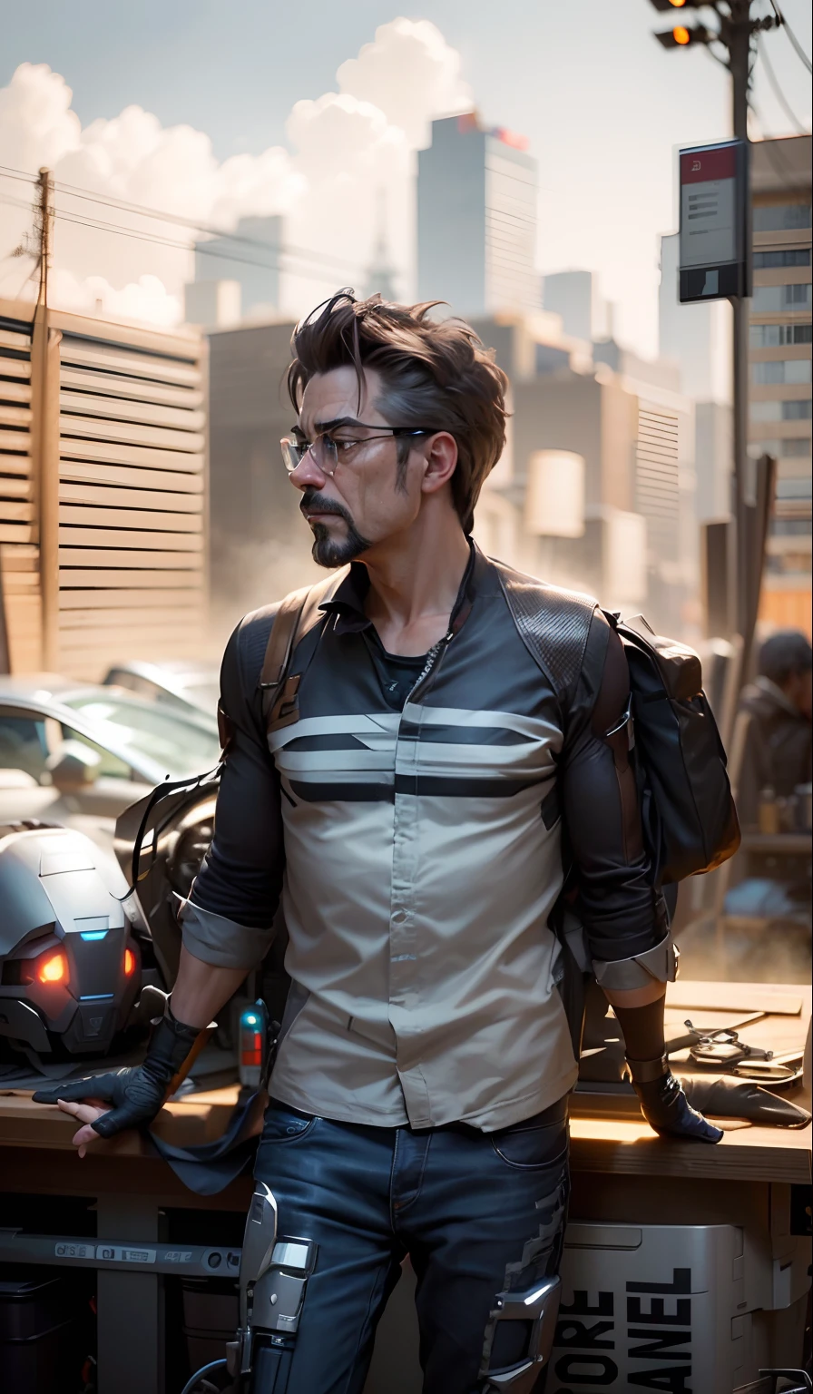 Marvel, Old man Tony Stark, realistically, dynamic lights, old, gray stubble, full shoot, (extremely detailed CG unity 8k wallpaper), trending on ArtStation, trending on CGSociety, High Detail, Sharp focus, dramatic, photorealistic