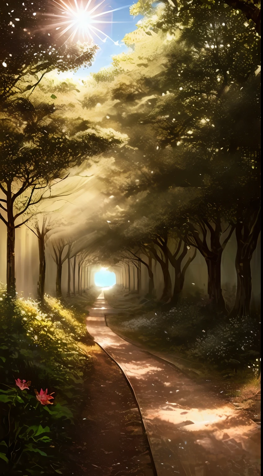 um close up de uma estrada de terra em uma floresta com raios de sol, blossoming path to heaven, Luz de raio florestal, Explodindo com a Luz Santa, raios da vida, magical clearing, feixes de luz solar, luz celestial, sunlight shining through, raios de luz brilhantes, feixes de luz solar, Raios solares, with ethereal light, levando a uma bela, inspirado em Lee Madgwick