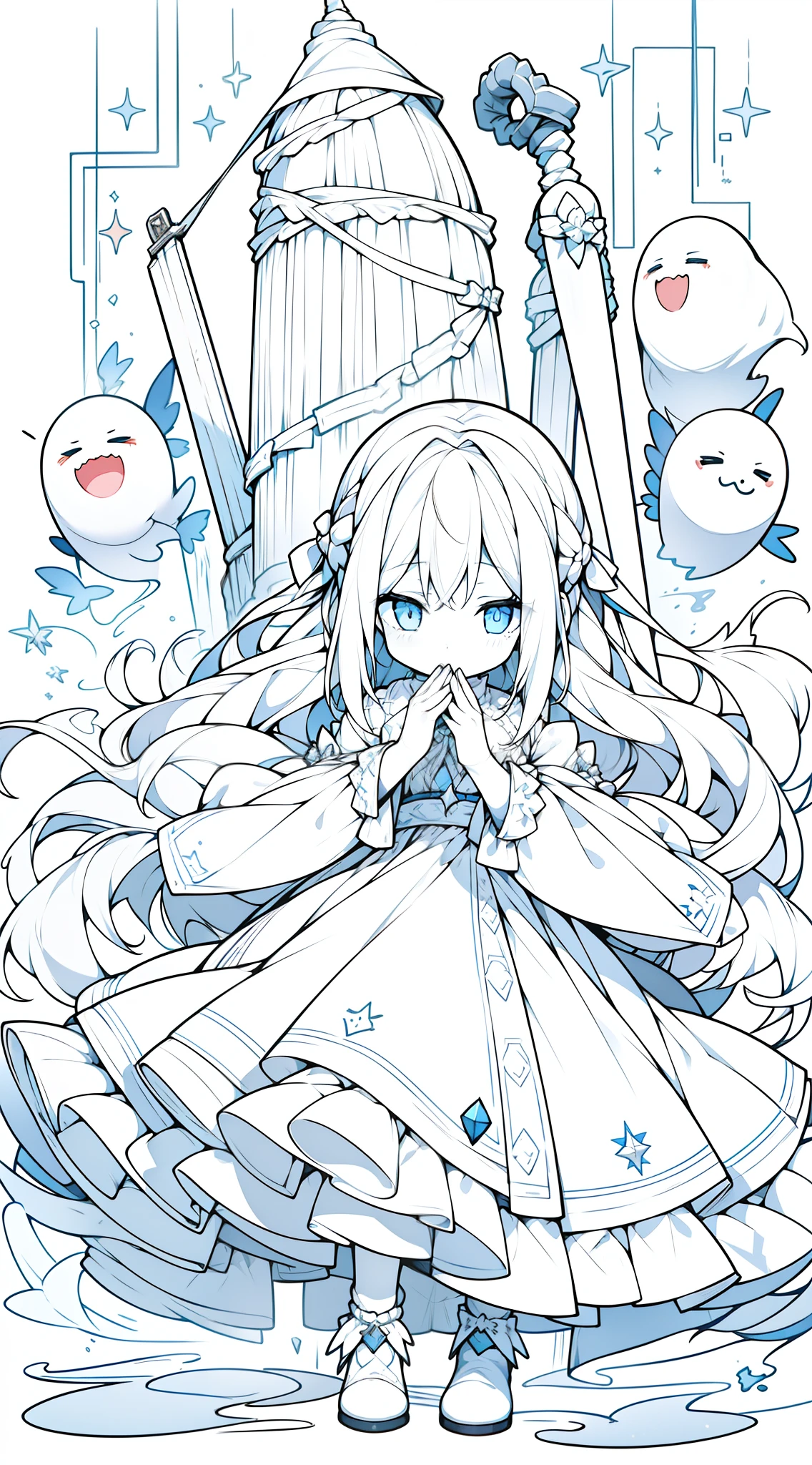 "A girl ghost with pale, paper-white skin, wild and disheveled bright white hair, and mesmerizing white eyes adorned with spirals, wearing tattered clothing and clutching onto an aged plush toy."