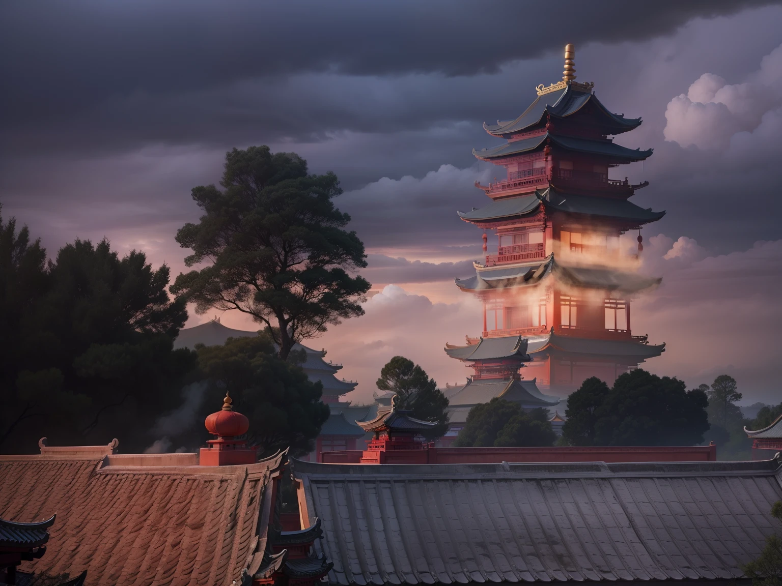 A building in the middle of a cloud,Chinese style,Temple,photore