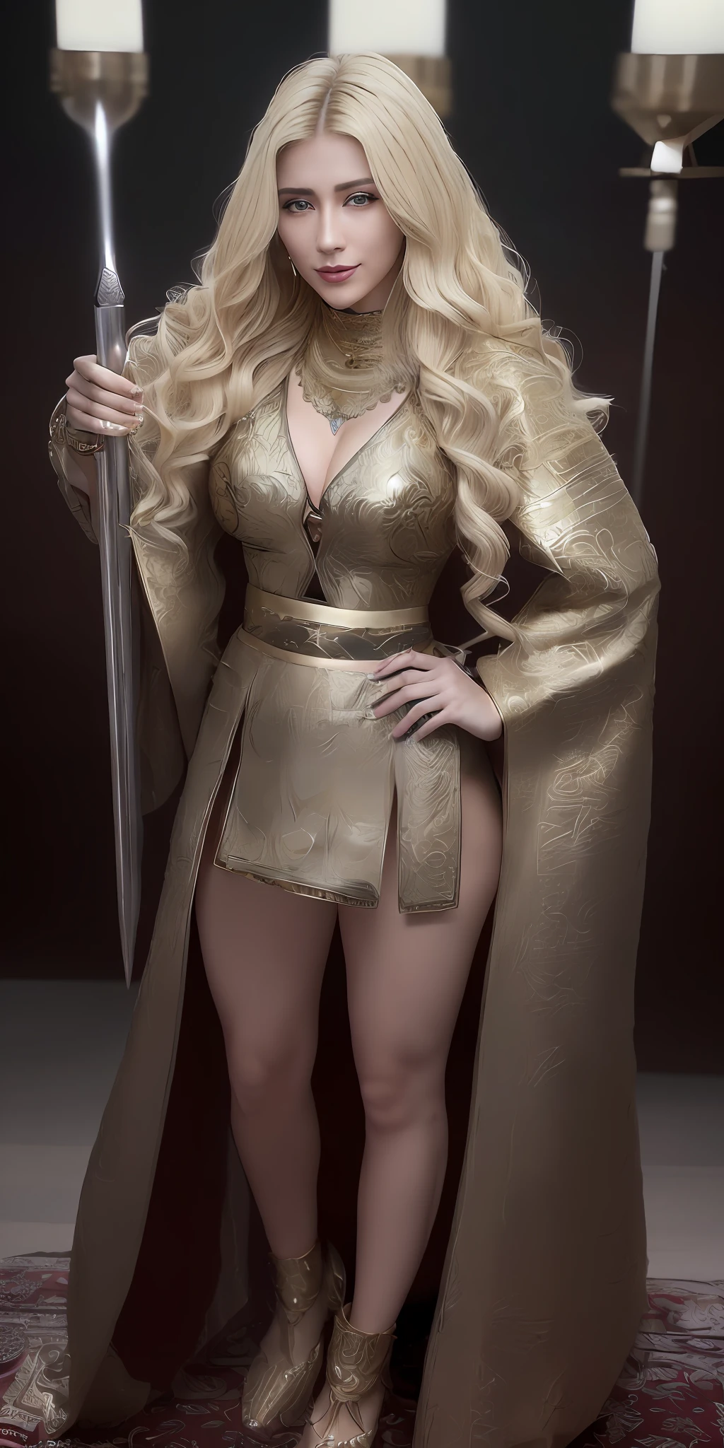 (full body shot)a East European woman, luminous design, masterpiece, best quality, extremely detailed 8k, ultra hd, ultra-detailed, highly detailed, highly realistic, (ultra-realistic), hyperrealistic, Real life style, (((top quality, masterpiece: 1.3)), Yildiz Cagri Atiksoy (Malhun Hatun) with athletic body showing body and perfect to viewer, , big , blonde hair, big smile, wearing ottaman gold jewellery, Kurulus warrior outfit, battle ready, ottoman dagger in hand, highest details, highest quality, 8k resolution, precise details, ultra realistic quality(cinematic:1.5)(Top Quality, 8k, 32k, Masterpiece, UHD: 1.3)