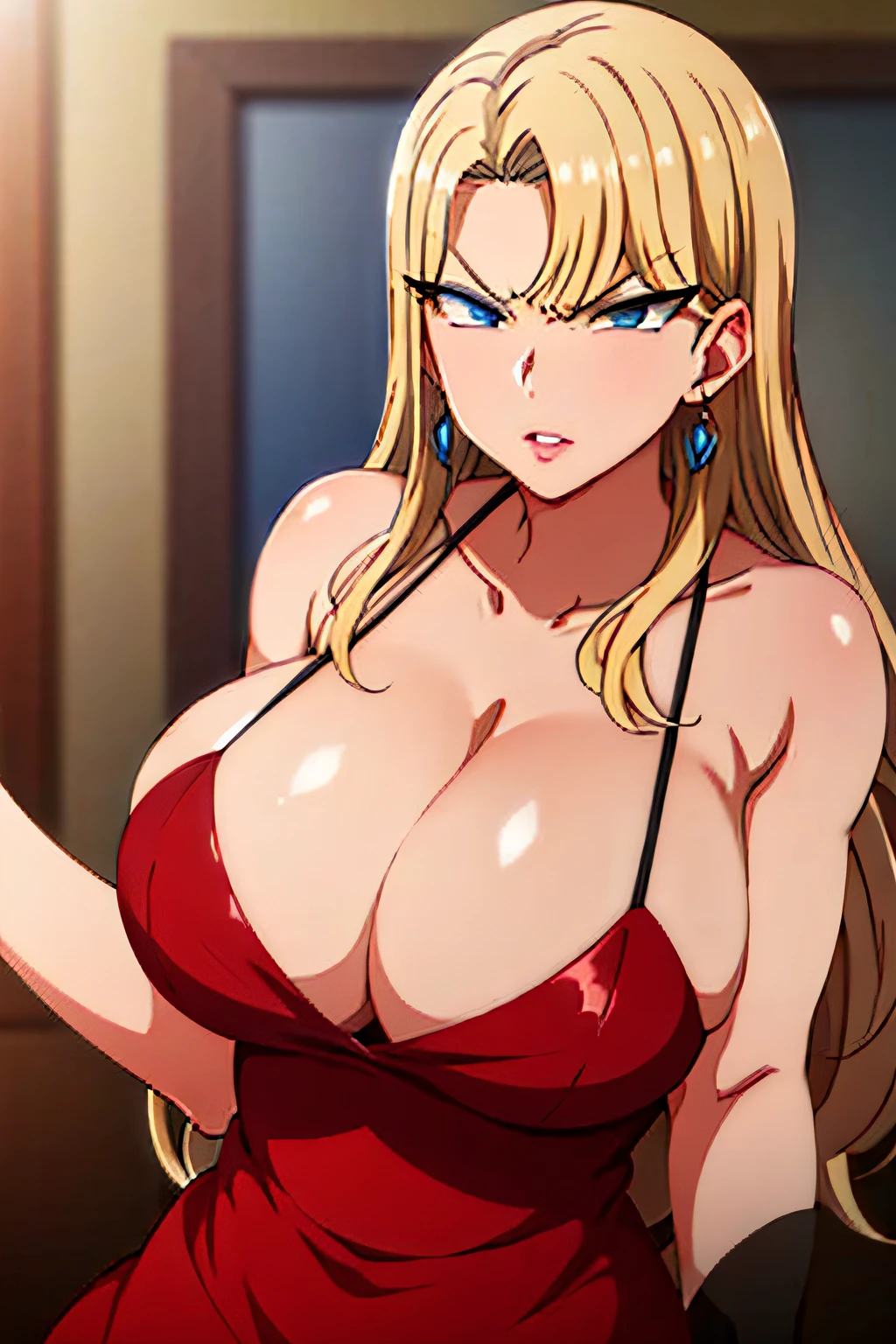 (masterpiece:1.4),(best quality:1.4), blonde hair, red dress Reika Kurashiki, blonde hair, blue eyes, large breasts,jewelry, parted lips, makeup, angry, cleavage