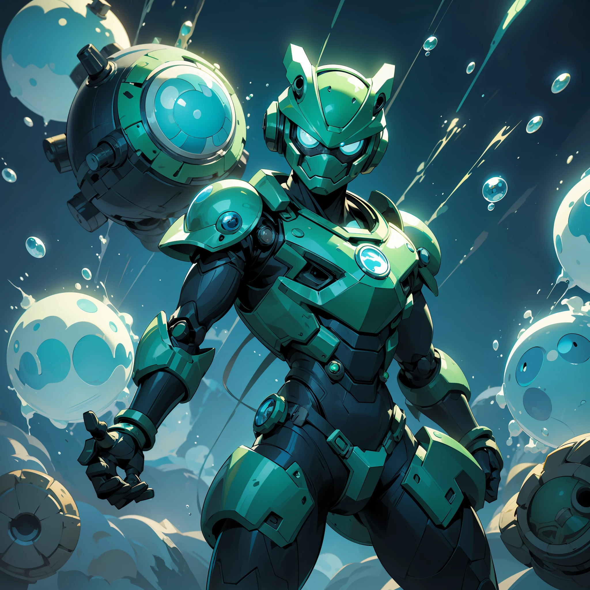 Bubble Man who is a robot master, frog-like and diver-like armor with a cannon on head and a arm cannon, colors are primary green with a bit of sky blue, eyes are blue, shoots deadly bubbles at foes which explode into watery doom, Masterpiece, Best Quality, In Nightmare Fuel Style