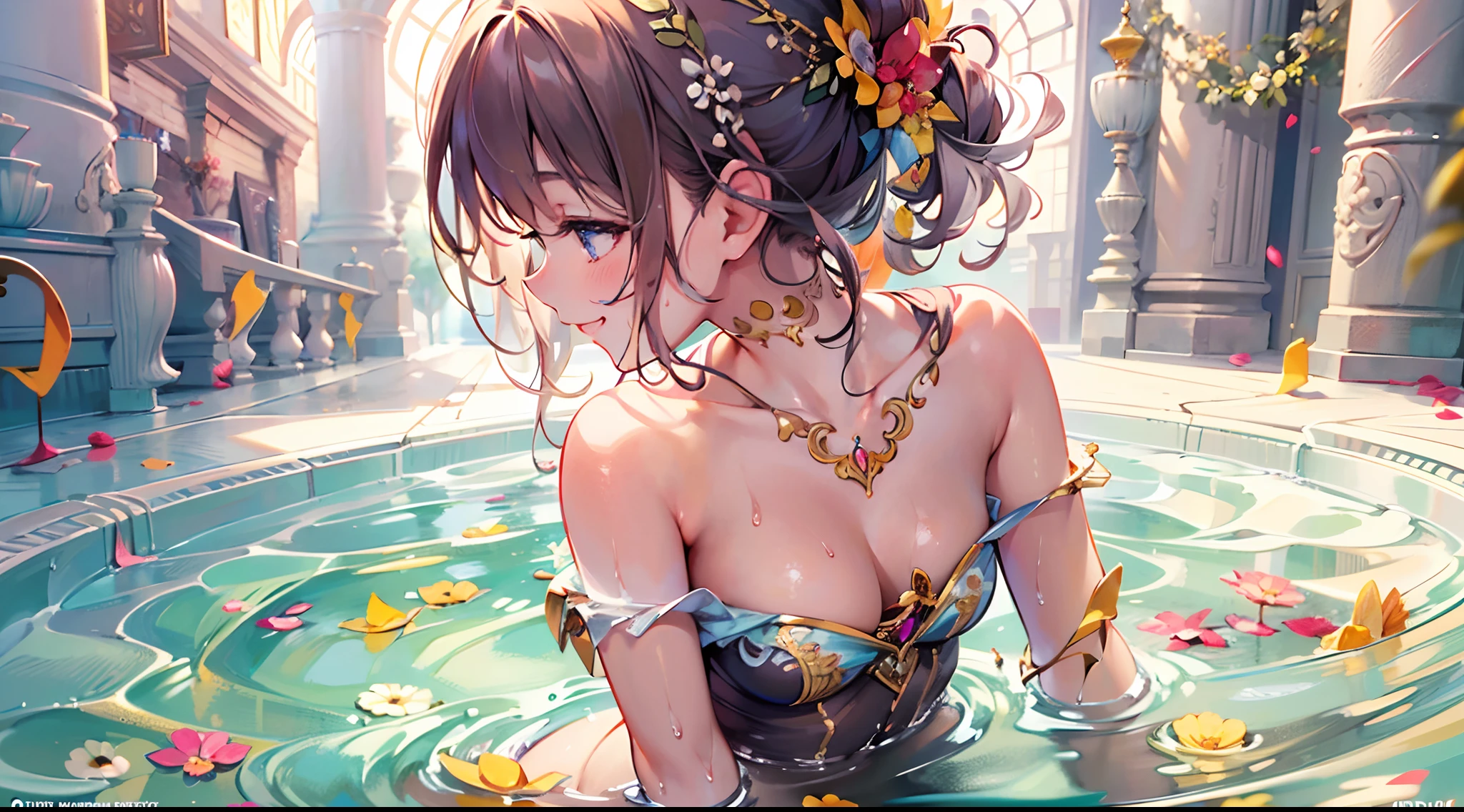 Masterpiece, top quality, super detailed CG, intricate details:1.5), 8k wallpapers, elaborate features,
(1 person, solo:1.4), perfect cartoon illustration, 1 girl, cute face, smiling, naked, her skin wet with hot water, spacious Roman termae, full body illustration,