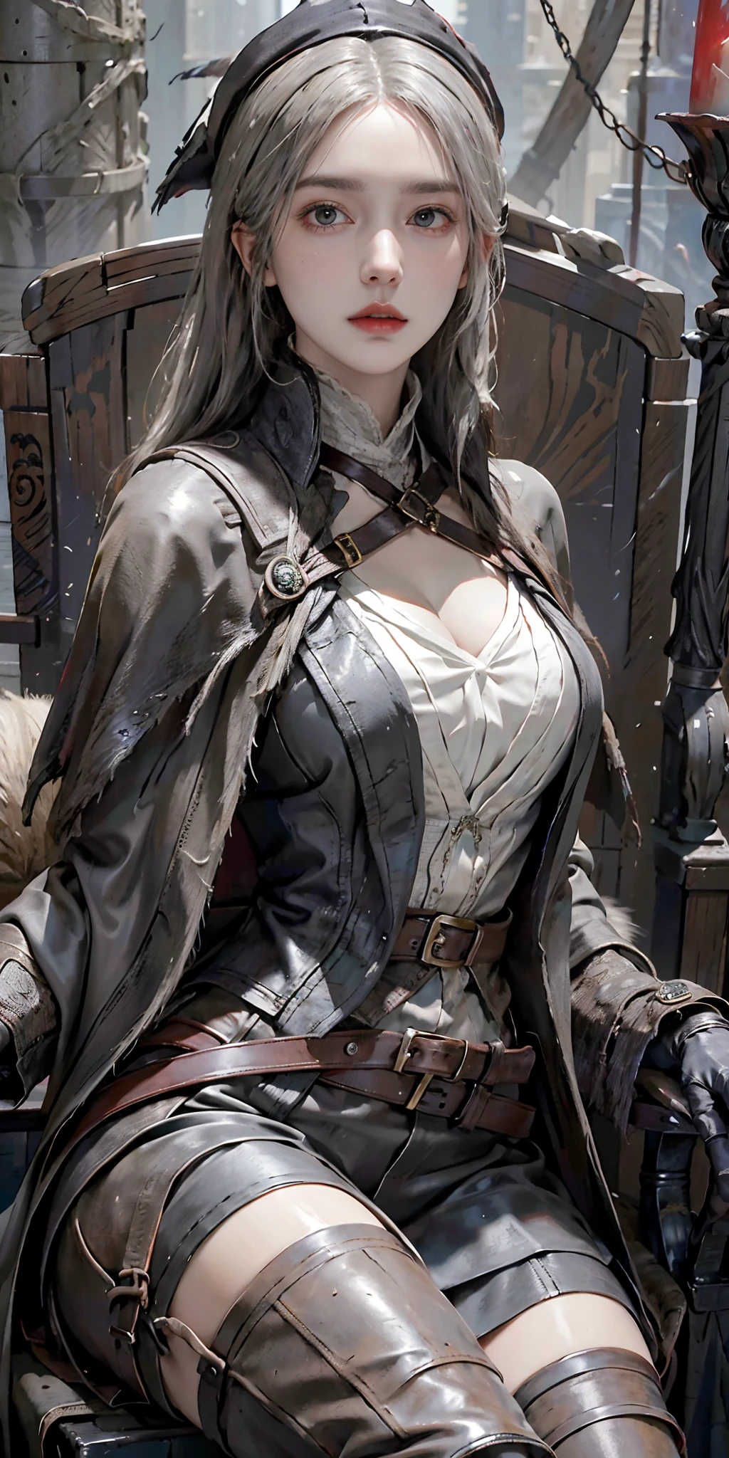 photorealistic, high resolution, soft light,1women, solo, hips up, look at viewer, (detailed face), white hair, edgBB, torn clothes, coat, vambraces, black capelet, capelet, hunter (bloodborne), black gloves, arms at sides, tricorn hat pointed at the front, belt, woman wearing edgBB_outfit, bloody neckcloth, dark, candles, sitting on throne, jewelry