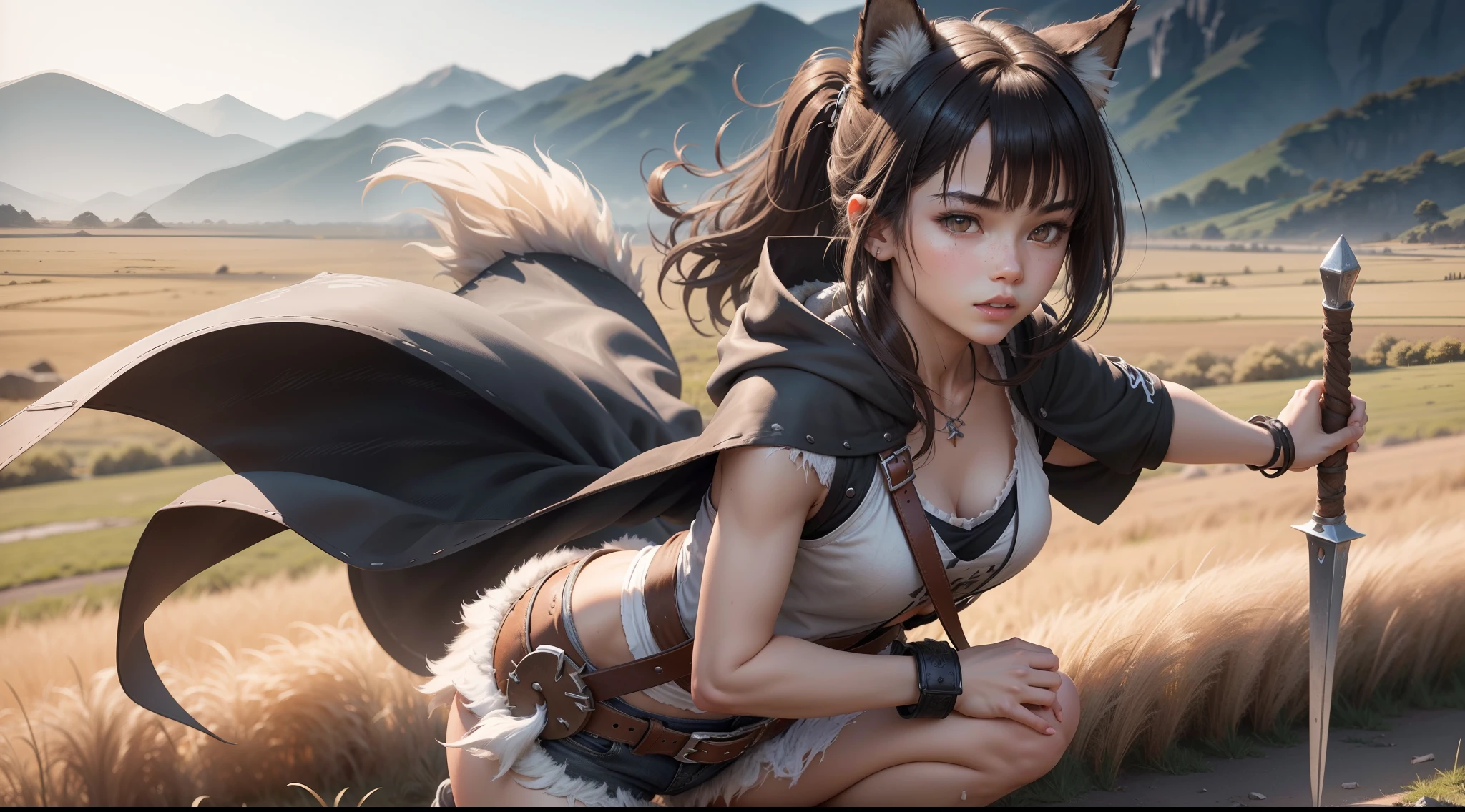 Wolf Girl
Master works，8K分辨率，depth of fields，Faraway view，Full body shot，Full Body Photo，(exquisite facial features)，s the perfect face，Glowing skin，Kizi，，Wolf ears，Heterochromic pupils，Hair over the shoulder，Brown hair，slanted bangs，Split ponytail，Messy hair，Wristbands，Tattered white V-neck short vest，Open navel，Tattered gray hooded cape，Open the cloak，Black hot pants with white fluff，Brown belt，Leather ankle boots，Brown wolf tail，Weapon in hand，grass field，Fast running stance，eventide，natural soft light