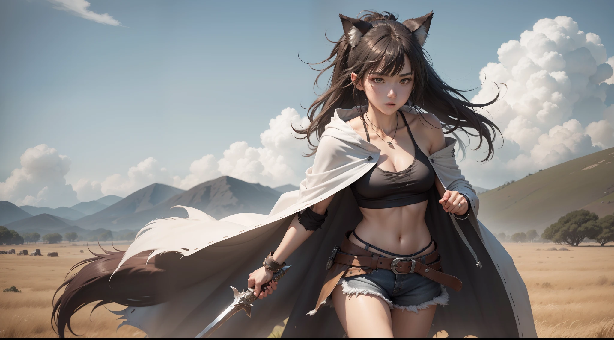 Wolf Girl
Master works,8K分辨率,depth of fields,Faraway view,Full body shot,Full Body Photo,(exquisite facial features),s the perfect face,Glowing skin,Kizi,16 yaers old,Wolf ears,Heterochromic pupils,Hair over the shoulder,Brown hair,slanted bangs,Split ponytail,Messy hair,Wristbands,Tattered white V-neck short vest,Open navel,Tattered gray hooded cape,Open the cloak,Black hot pants with white fluff,Brown belt,Leather ankle boots,Brown wolf tail,Weapon in hand,grass field,Fast running stance,eventide,natural soft light