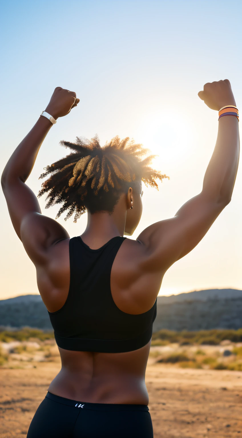 (8k, RAW photo, maximum quality, ultrarealistic),black woman, cheering in front of sun with back turned
