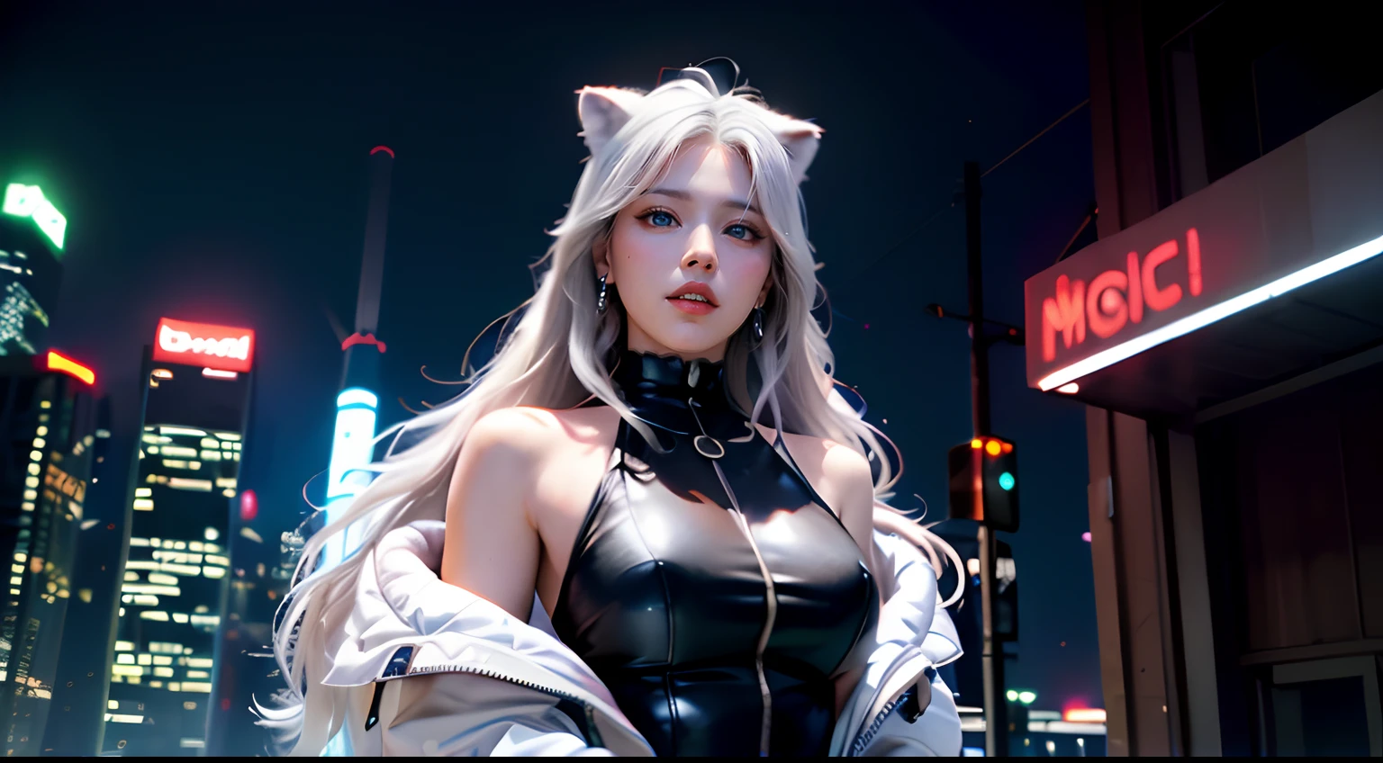 (masterpiece, high-res, captivating:1.3), Wonder Girl
Dress up in futuristic cyberpunk-themed outfits, (In addition to elegance...
White Wolf:1.5), With mesmerizing blue eyes that shine like a sapphire..., (located within
The atmosphere of a dark and towering high-rise building:1.1), Flashing light.
Creepy Light, Capture the essence of neon hunters, Mixing technology,
beauty, and the uncompromising spirit of the wilderness in a dystopian urban landscape....
