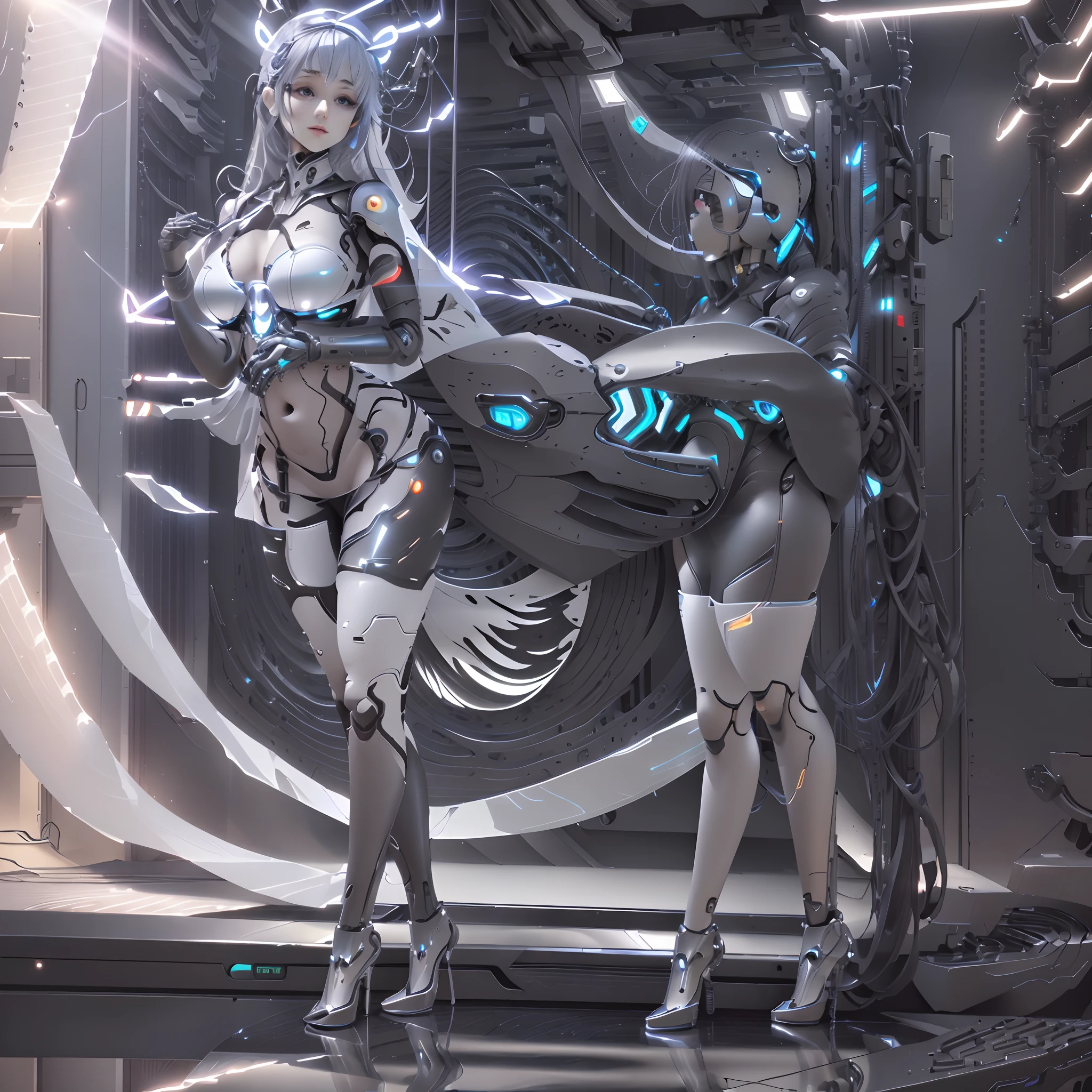 (extremely detailed CG unity 8k wallpaper,masterpiece, best quality, ultra-detailed, beautiful detailed eyes:1.2),best illumination, (best shadow, an extremely delicate and beautiful, bloom),barcode tattoo, barcode scanner,
Mecha,1girl,solo,(full body:2),mecha musume, cultivation tank,restrained, science fiction, bound, (arms up), bondage, bdsm,mechanical vertebra attaching to belly,mechanical cervial attaching to neck,expressionless,wires and cables attaching to neck,wires and cables on head,character focus,science fiction, (standing in Mechanical box:1.5),(a lot of light beam:1.5), from below,