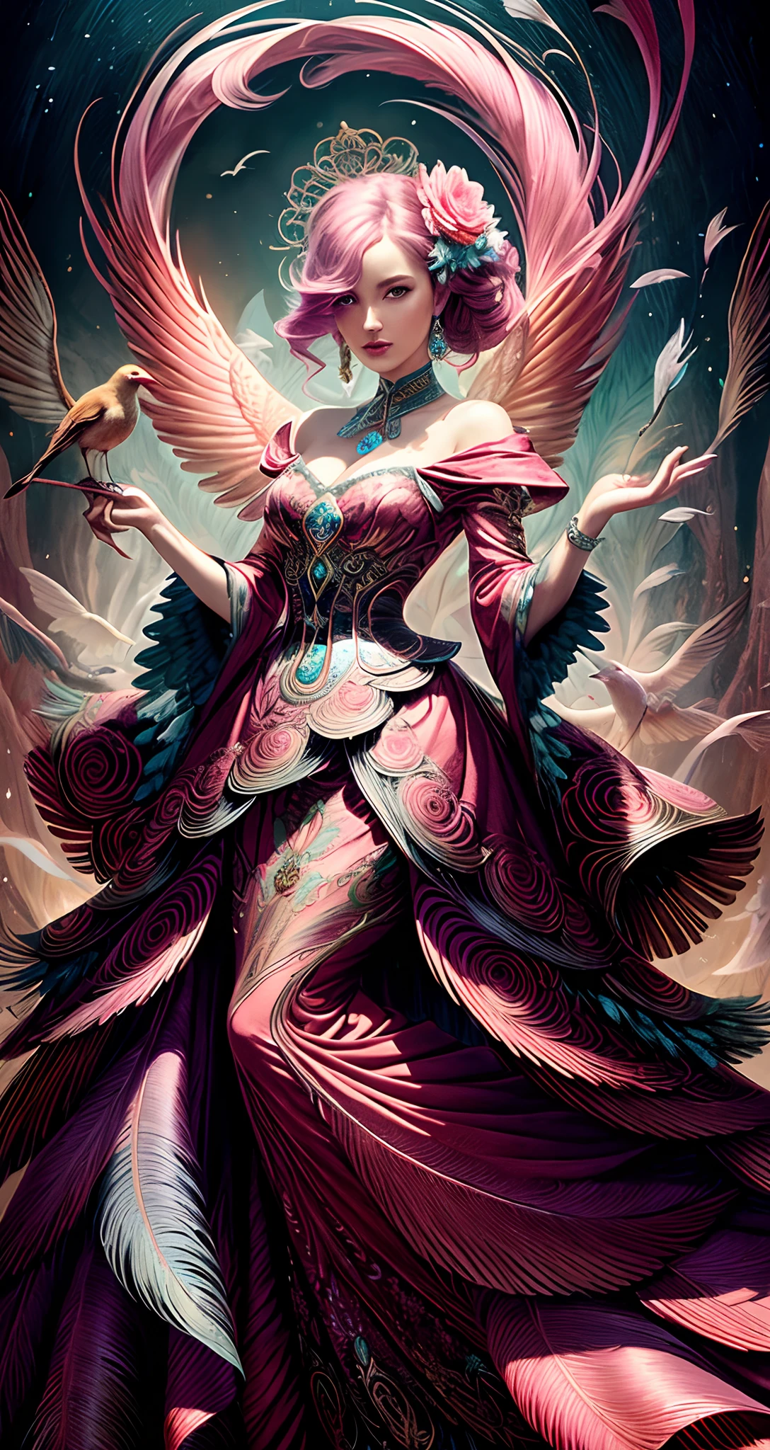 painting of a woman in a dress with a bird in her hand, fantasy art behance, stunning digital illustration, beautiful digital artwork, digital fantasy art ), detailed fantasy digital art, fantasy illustrations, beautiful fantasy art, a beautiful artwork illustration, artgerm julie bell beeple, digital fantasy illustration, fantasy art illustration, gorgeous digital art, exquisite digital illustration