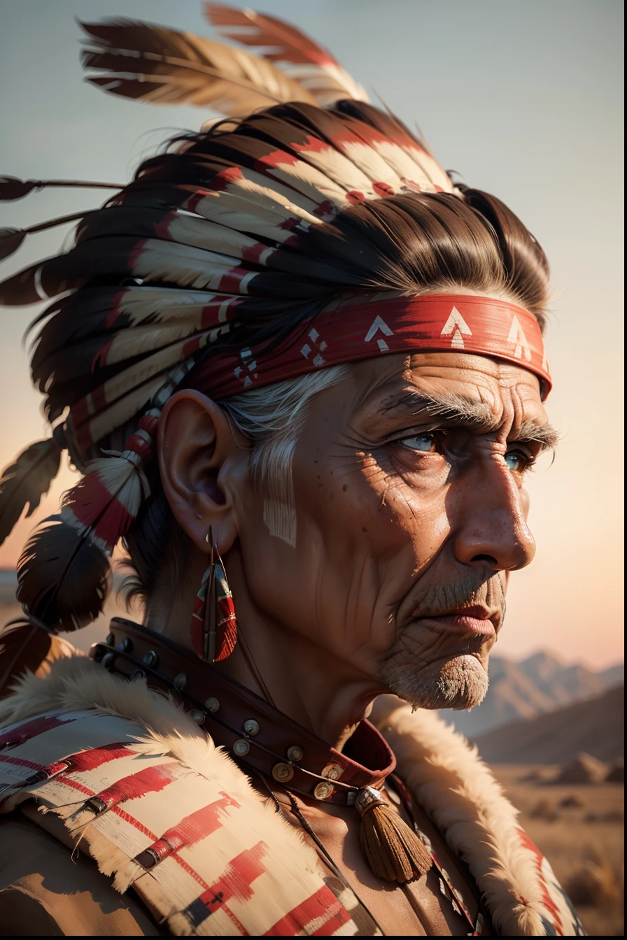 an old American Indian chief, semi-profile, wrinkled face, bright brown eyes, weathered skin, highly detailed, war paint, war bonnet,