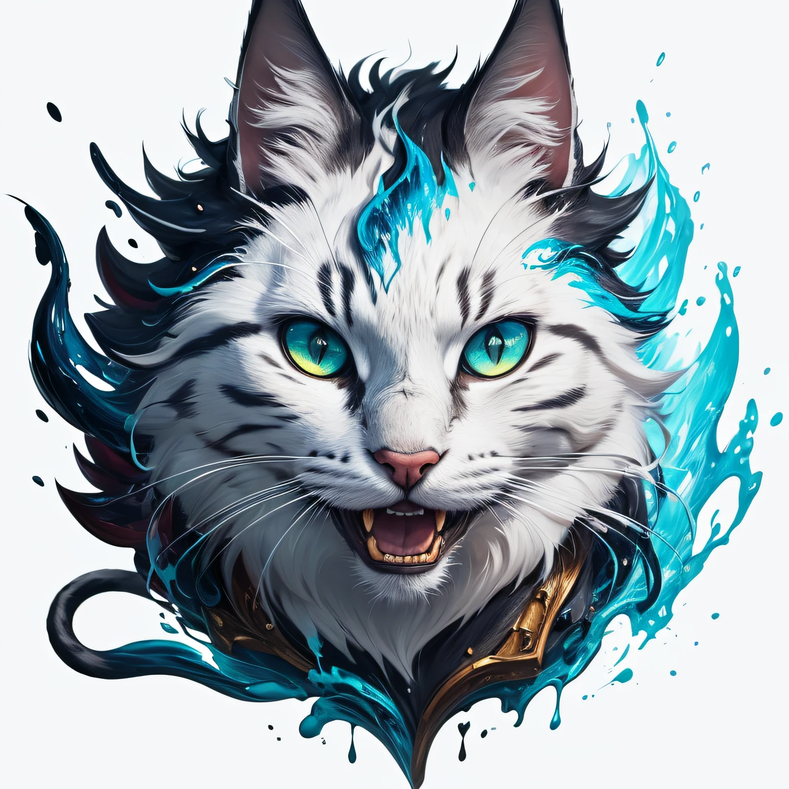 3d Splash art, a cat head, ((white background)), roaring, epic Instagram, artstation, splash style of colorful paint, contour, hyperdetailed intricately detailed , unreal engine, fantastical, intricate detail, splash screen, complementary colors, fantasy concept art, 16k resolution, deviantart masterpiece, oil painting, heavy strokes, paint dripping, splash arts