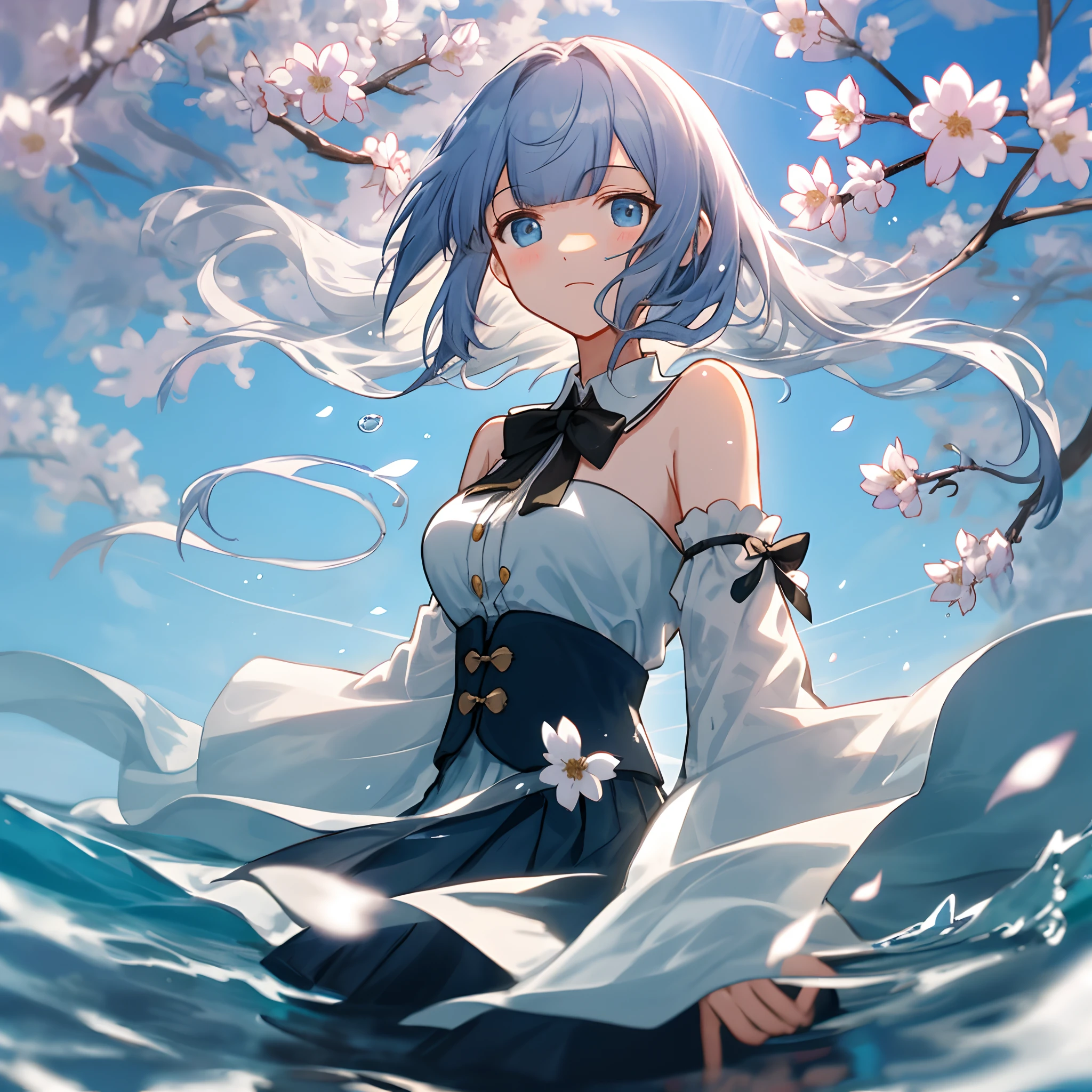 {{tmasterpiece}},{{{Best quality at best}}},{{ultra - detailed}},{{illustratio}},{{ldisheveled hair}},{{frilld}},{1个Giant Breast Girl},{Solo exhibition} , dynamic angle, Large upper sleeves, afloat, beautiful detailed sky, Beautiful and delicate water, 美丽细致的眼睛, over exposure, {Faust}, face expressionless, Side blunt bangs, hairs between eyes, ribbons, neck bowtie, button, exposed bare shoulders, Detailed wet clothes,Blank gaze,pleatedskirt,blossoms