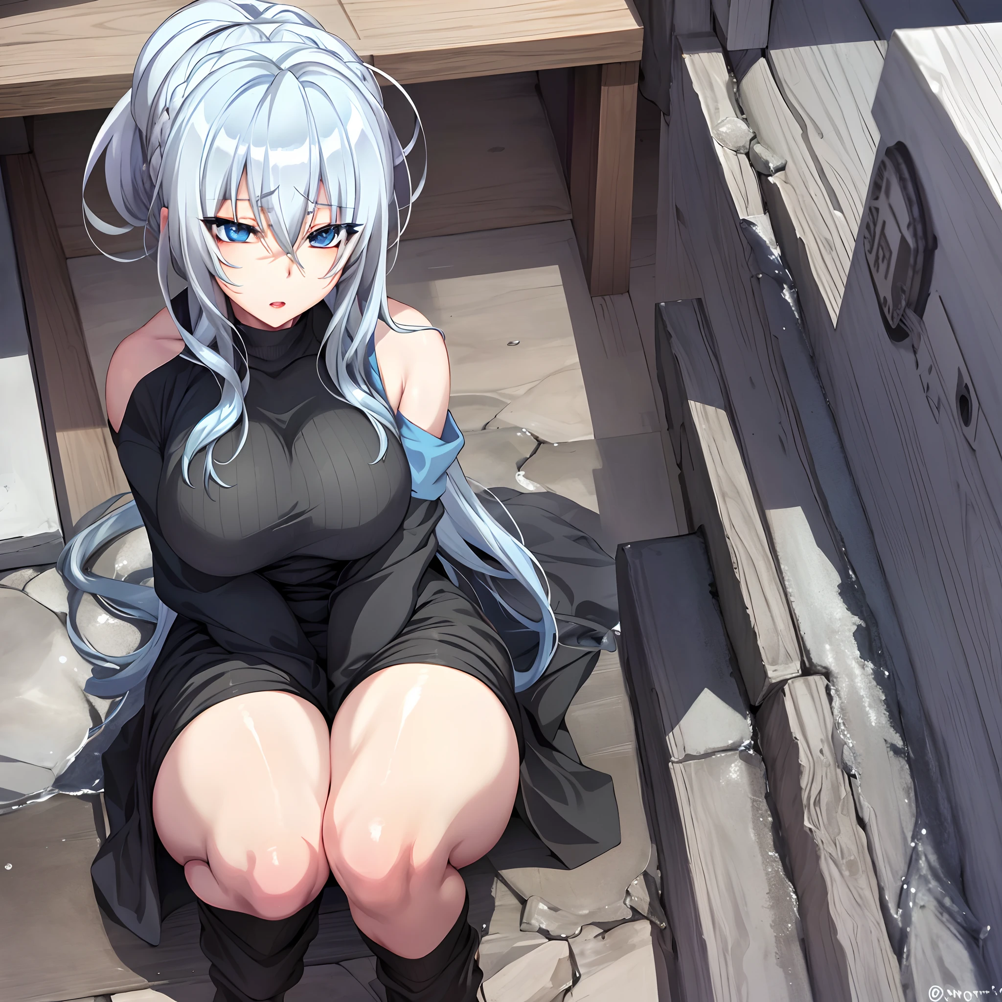 1Yukino, Silver hair and  blue eyes in a black hoodie, cute girl, her expression is solemn, ahegao face, she has a cute expressive face, still from anime, perfect breast