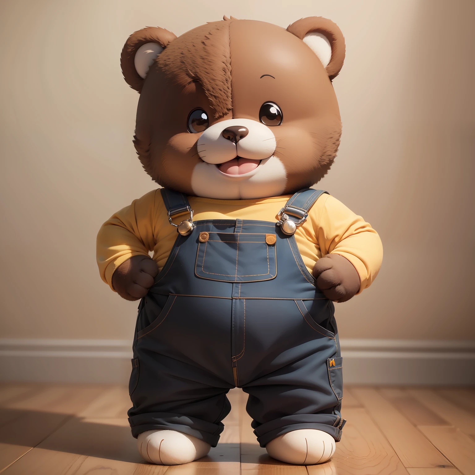 Animal: A baby bear.
Characteristics: Face and body size, hand length, and foot length are the same as Doraemon's proportions.
Expression: mischievous face, curious, friendly, energetic eyes. A big smile.
Body color: Light brown.
Wears overalls.
Accessories:He carries a compass.
Standing figure.