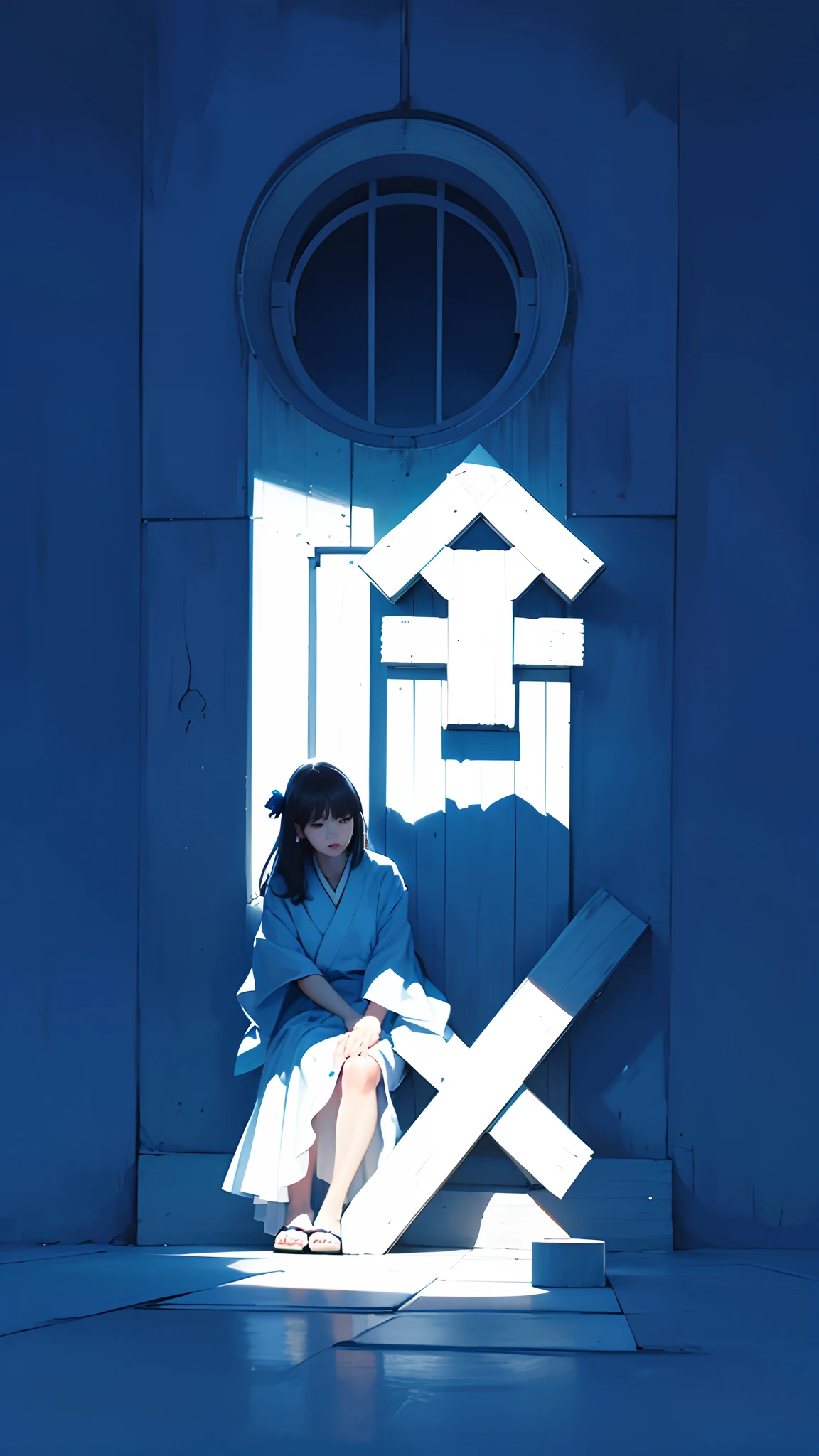 (A girl),soothing tones,pastel colour, High contrast, (Natural skin texture, hyper photorealism, Soft light, Sharp),Shishi Japan of Girls,komono,Blue and white clothes