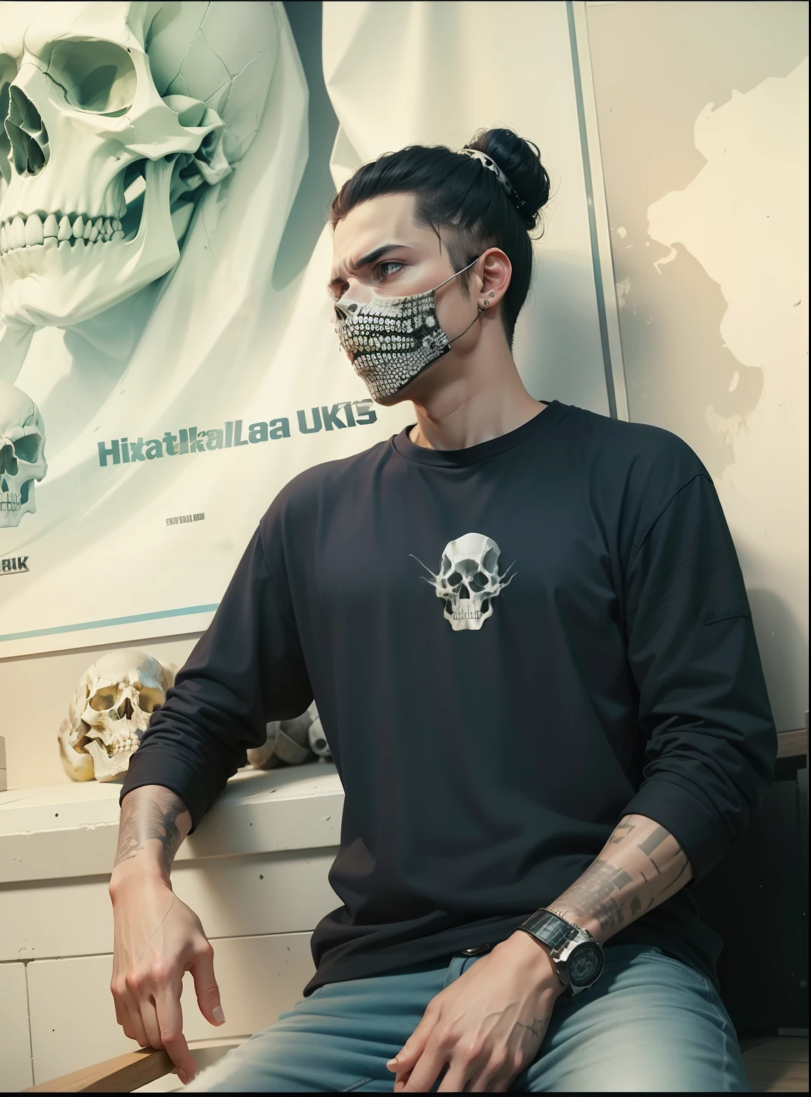 Change Background With Some Horror Skulls and make it realistic and holding a fire skull in hand 8k ultra realistic