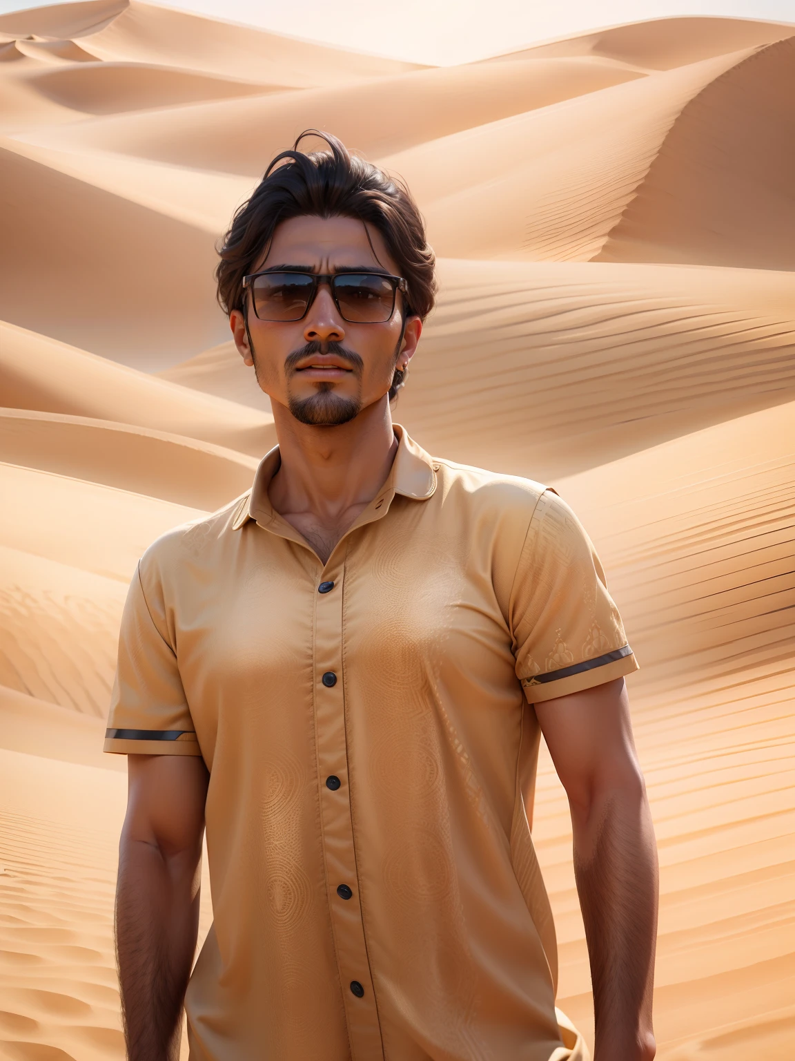 Arabic desert background Arabic dress kurata 8k resulatio realistic face 3d wallpaper