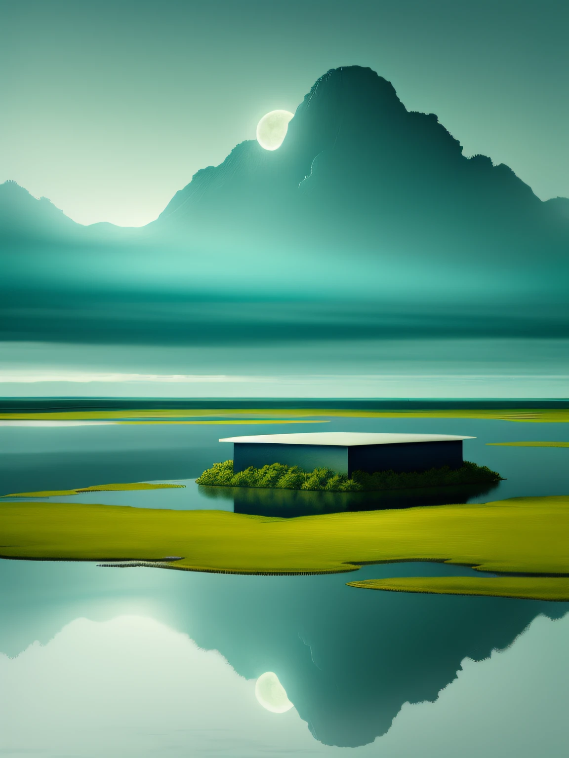 Vast tranquil views, Built by Scarlett Hooft Graafland, Works by Sergei Zabelin, A summer day of photography, Hyper-realistic、Ink painting style incorporating Chinese aesthetics, themoon, nigh sky, the night