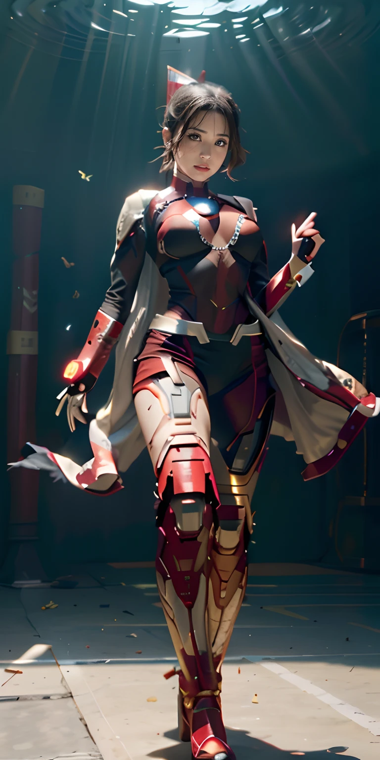 raw, masterpiece, ultra fine photos,, top-quality, 超A high resolution, Photorealsitic, sunlights, Full body portrait, stunningly beautiful, combat pose, delicated face, Vibrant eyes, (front-facing view,full body Esbian), she is wearing a futuristic Iron Man mech, Red, Yellow and green color scheme, (Iron Man destroyed on the floor), A detailed face, Detailed and complex busy background, Messy and gorgeous, Rich plump breasts, High Detail Skin, realistic skin detail、Visible Pore、foco nítido、Volumetric fog、8K UHD、dslr camera、hightquality、film grains、fair white skin、photorealisim、Lomography、View from below、semi transparent Chest: ironman/Arc Reactor MK1 Big K-Cup Butterfly Ribbon Short ponytail