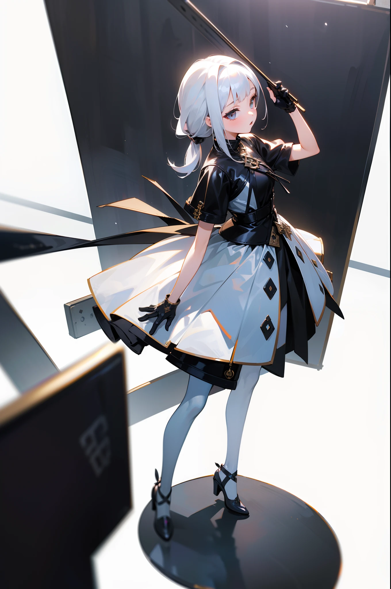 MKSKS style, (Very detailed background:1.0), (highly detailed back ground:1.0), 1girll, full_Body,,frontage,Masterpiece, Best quality, (1girll, Solo, Girl:1.2), ,standing,Mannequin,catwalks,white backgrounid,On white background,Arm raised,Low ponytail,Long side lock,White hair,black latex