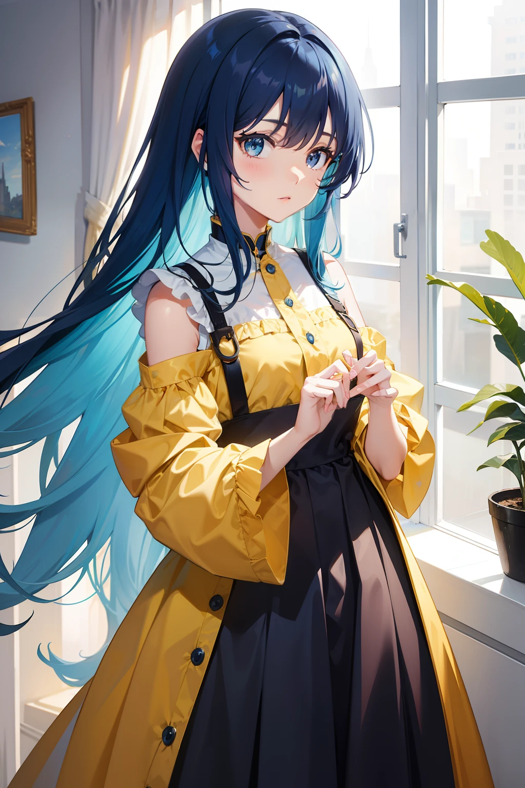 Blue hair long hair yellow dress girl