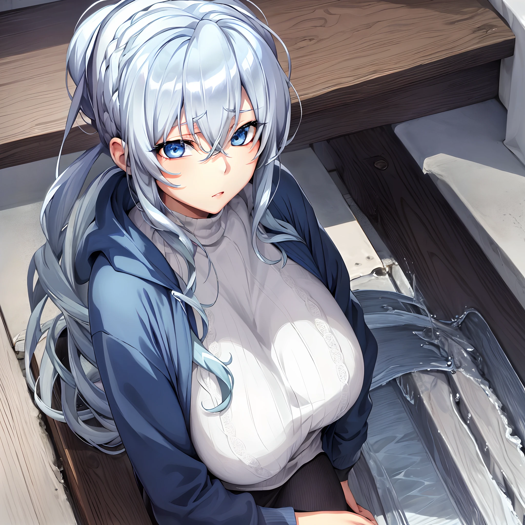 1Yukino, Silver hair and blue eyes in a blue sea hoodie, cute girl, her expression is solemn, she has a cute expressive face, perfect breast