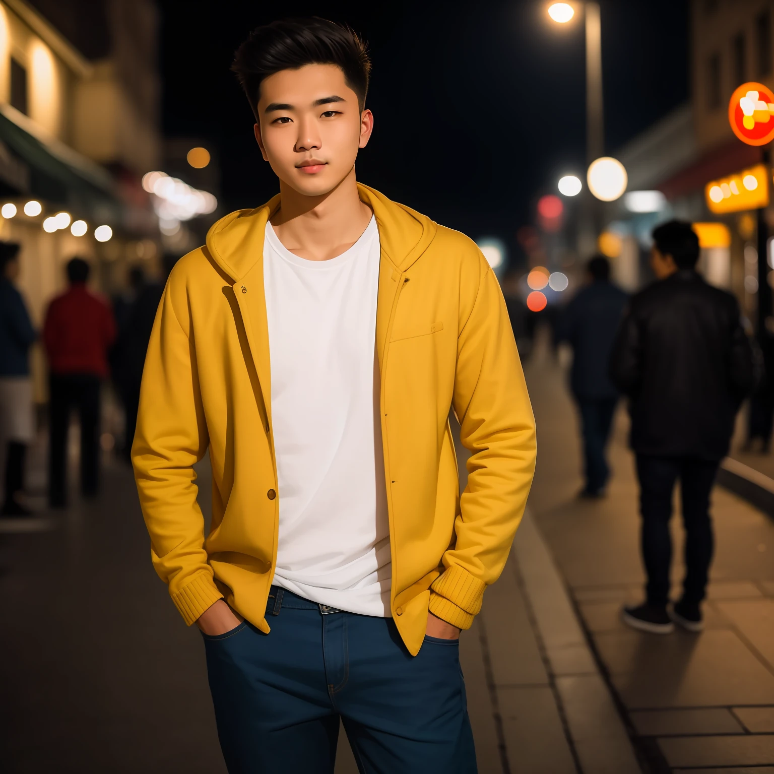 RAW photo, a portrait photo of 25 y.o man in casual clothes, night, city street, (high detailed skin:1.2), 8k uhd, dslr, soft lighting, high quality, film grain, Fujifilm XT3