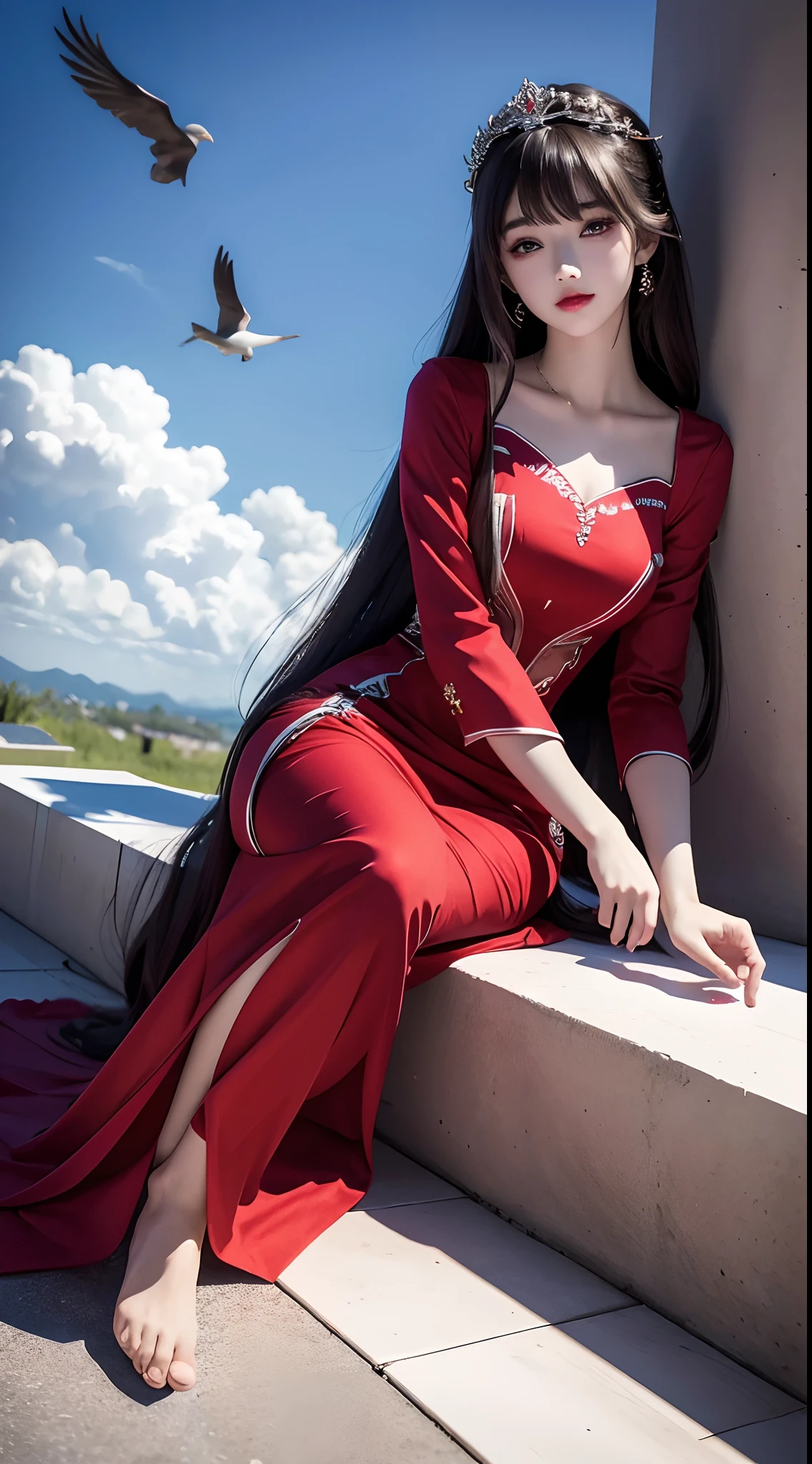 8K Ultra hd, a beautiful cute girl, 18 years old cute girl, detaild eye, smooth skin, fantacy dress, red dress, long hair, detailed lip, medium bust size, hight 5 feet, heaven background, clouds, heaven birds, sitting on clouds, whole body capture,