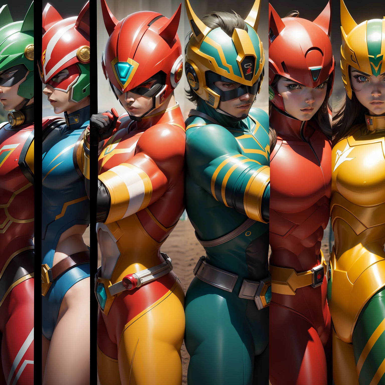 Majestic steppe background、Super Sentai Series、Megaranger、Hero Mask、(reddish、verdant、A black、amarelo、pink there、Fivesome)Righteous heroes、Decide on a transformation pose、