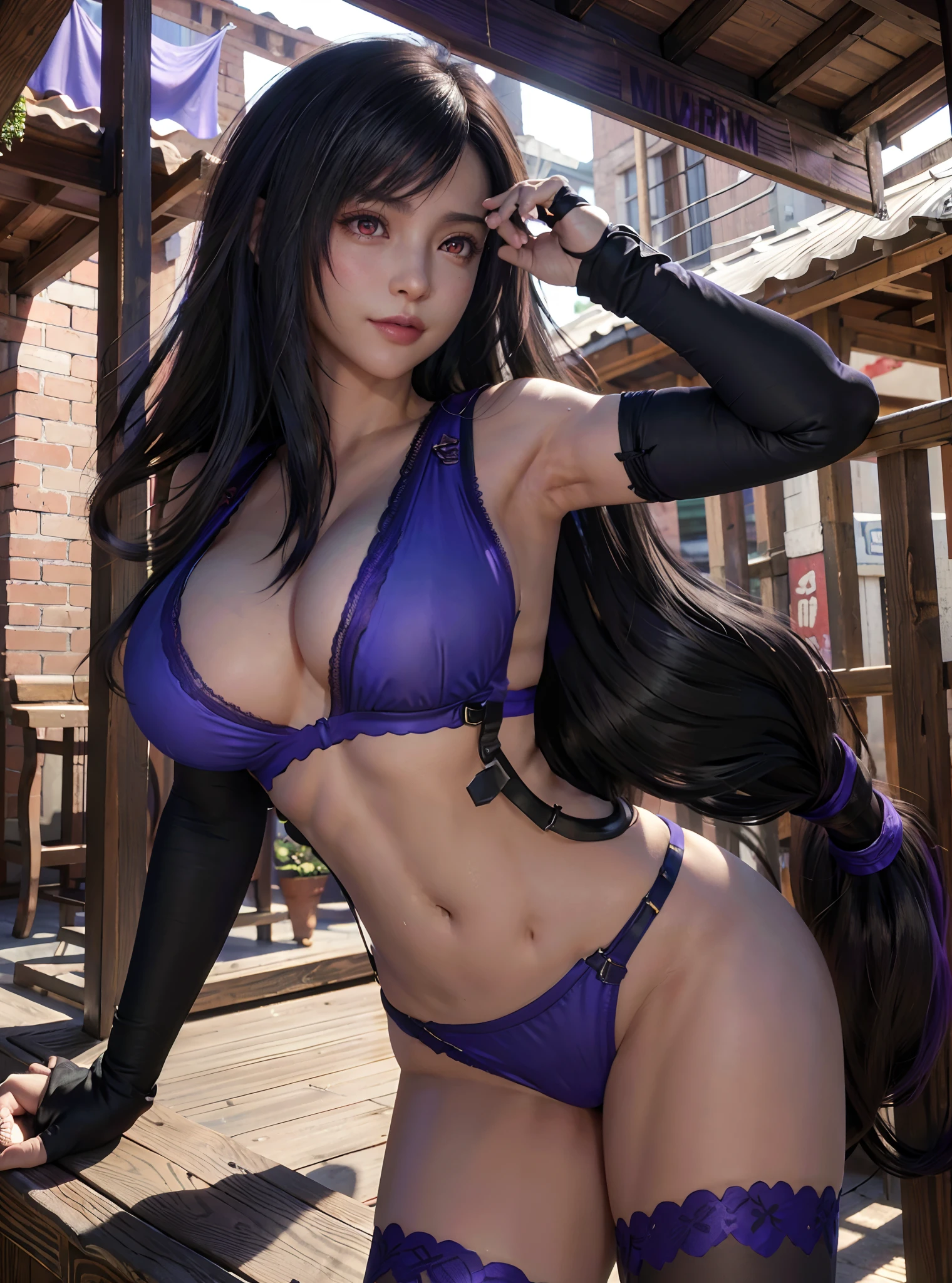 (8k, best quality, masterpiece:1.2), (realistic, photo-realistic:1.37), standing, legs apart, spreading legs, (wide stance), ultra-detailed, 1 girl,cute, solo, (tifa lockhart), (huge breasts:1.5), (beautiful detailed eyes), (smile:1.2), (closed mouth), sharp focus, depth of field, good composition, Final Fantasy VII, black hair, very long straight hair, hair bang, ((red_eyes)), intricate, bokeh, perfect breasts, (topless:1.5) (purple lingerie:1.3) suspenders, stockings, lace gloves, toned body, athletic, wide hips, thin waist, toned arms, exposed abdomen, (view from front)