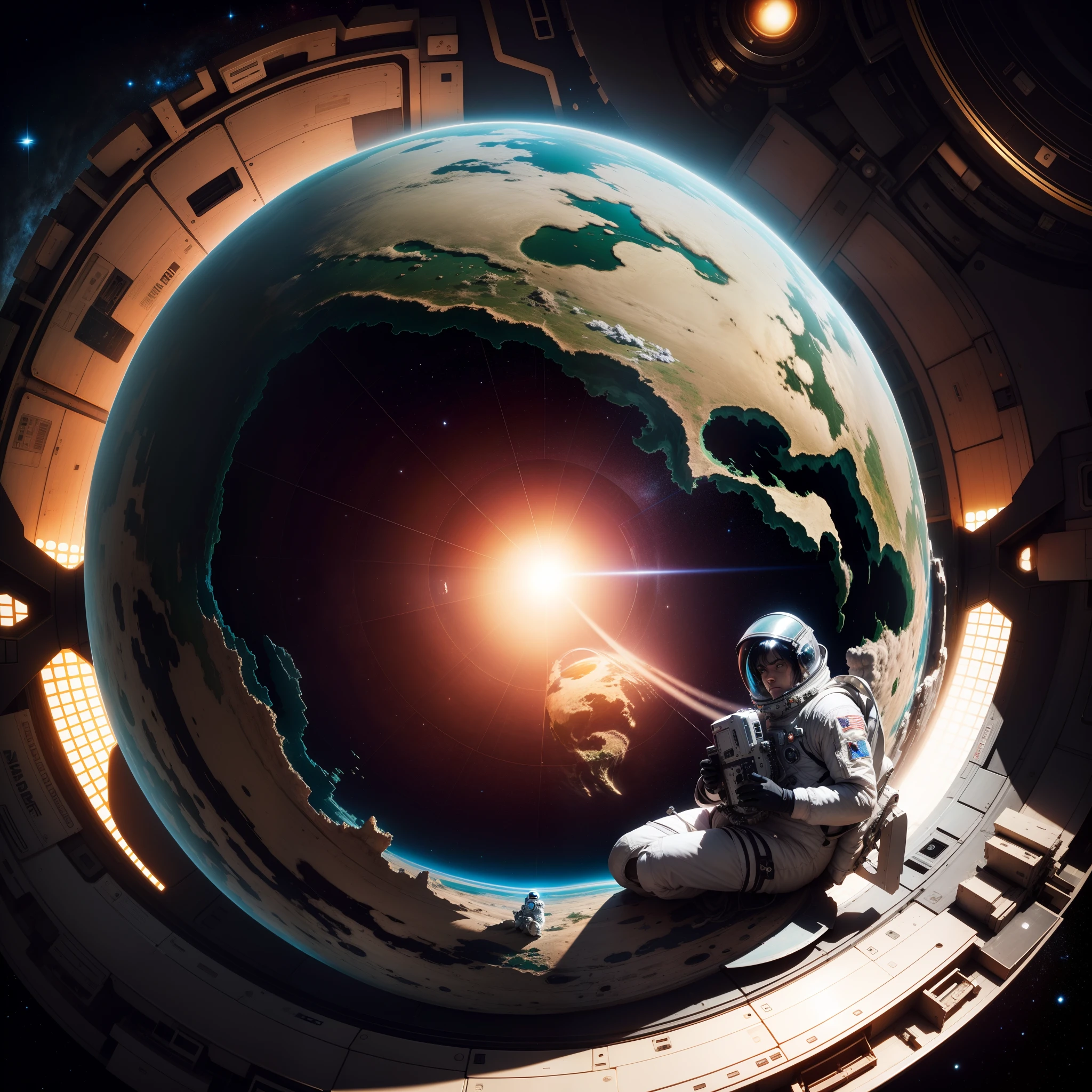 black hair, Background with：planet earth, Man in spacesuit sitting on space junk, Surrealism, drop shadow, anaglyph, stereogram, tachi-e, pov, atmospheric perspective, 8k, super detail, ccurate, best quality