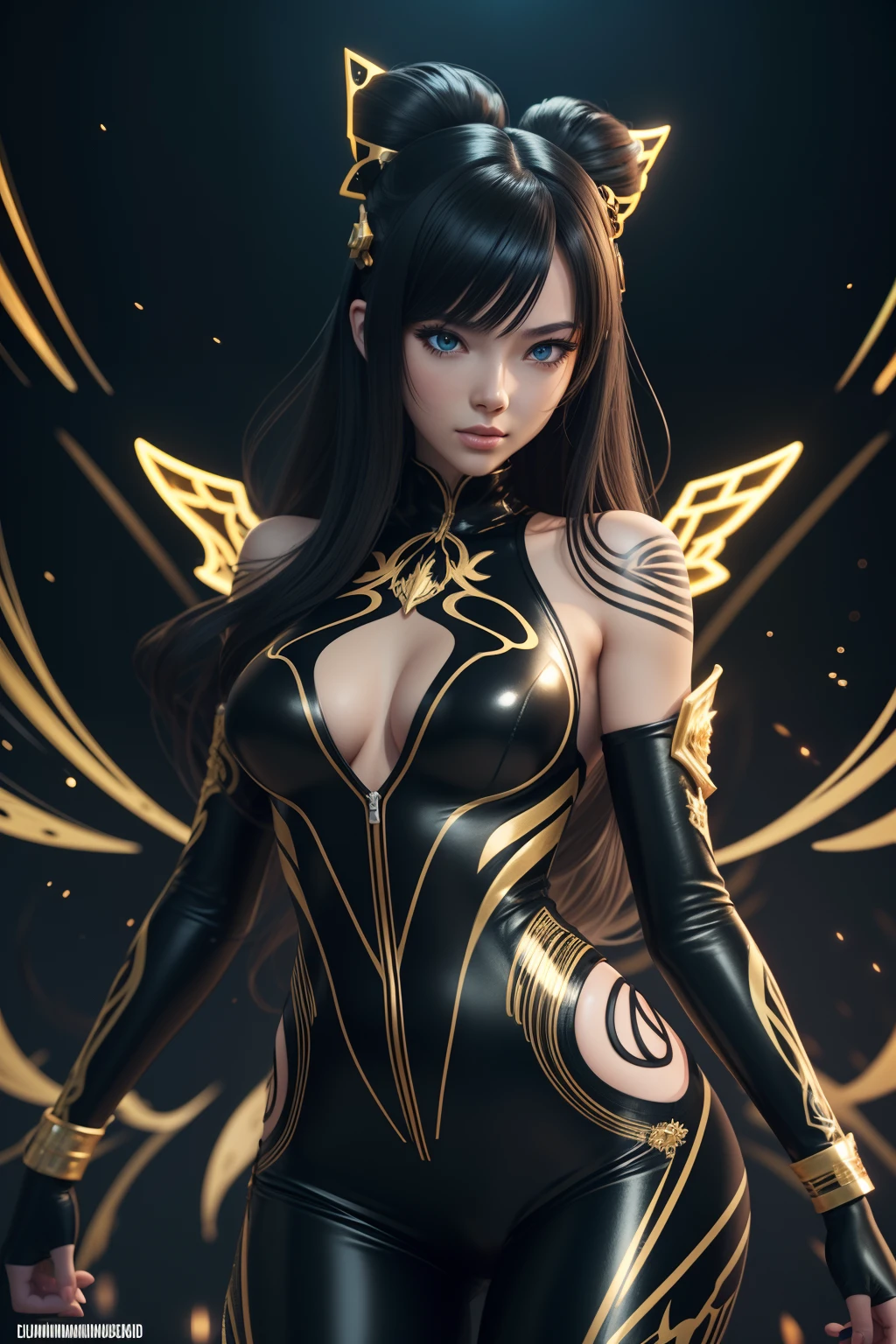 beautiful Caucasian woman, shoulder length messy hair, black an gold catsuit, happy, Beautiful anime style girl, hyper detailed painting, concept art, fractal isometrics details bioluminescence, 3d render, octane render, intricately detailed , cinematic,  hyper realistic cover photo awesome full color, hand drawn