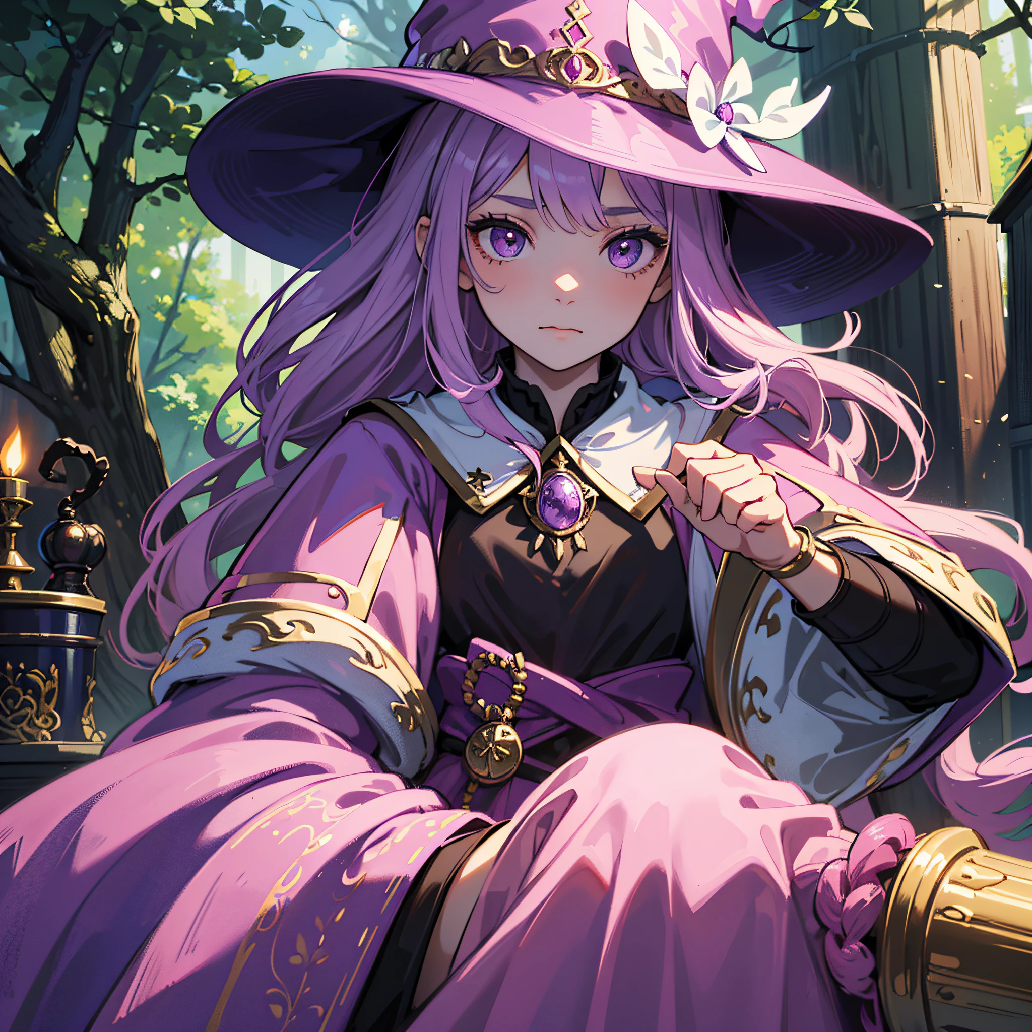 masterpiece, best quality, 1 girl, solo, finely detailed eyes, intricate details, wizard, pink hat with a pointed brim, broomstick with a carved handle, spellbook with a variety of spells, potion bottles with various ingredients, enchanted forest with a hidden wizard hut, pastel colors, purple eyes