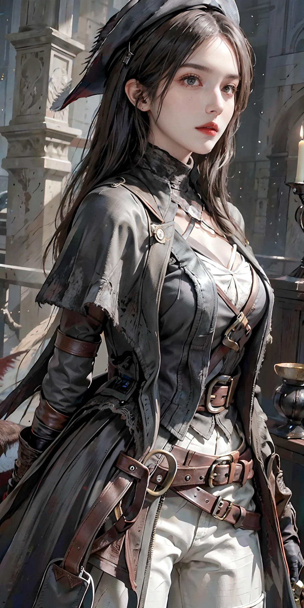 photorealistic, high resolution, soft light,1women, solo, hips up, (detailed face), white hair, edgBB, torn clothes, coat, vambraces, black capelet, capelet, hunter (bloodborne), black gloves, arms at sides, tricorn hat pointed at the front, belt, woman wearing edgBB_outfit, bloody neckcloth, dark, candles, jewelry