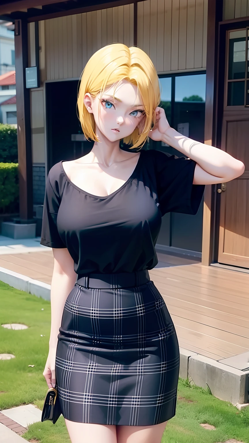 arafed asian woman in a black top and plaid skirt, asian girl, good young girl, intriguing outfit, sie boob, 18 years old, malaysian, beautiful asian girl, young and cute girl, an asian woman, with beautiful exotic, young asian girl, really large bust, 21 years old, with a large breasts, 2 2 years old, yellow hair colors, short hair