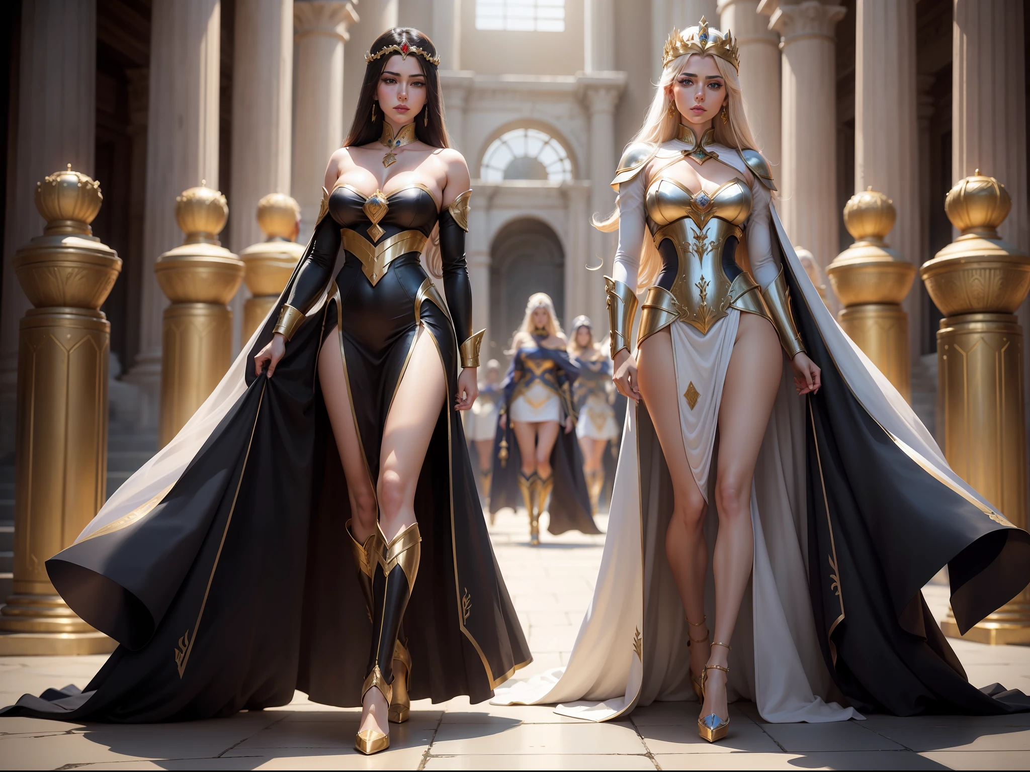 25-year-old female, Royal sister, Raised sexy, high-heels, handheldweapons, Greek temple, Saint Seiya Holy Vestment, stocklings, A row of female guards in the background, makeup, Verism, cinematic lighting, vanishing point, wide shot, 16k, super detail, best quality, ccurate, masterpiece
