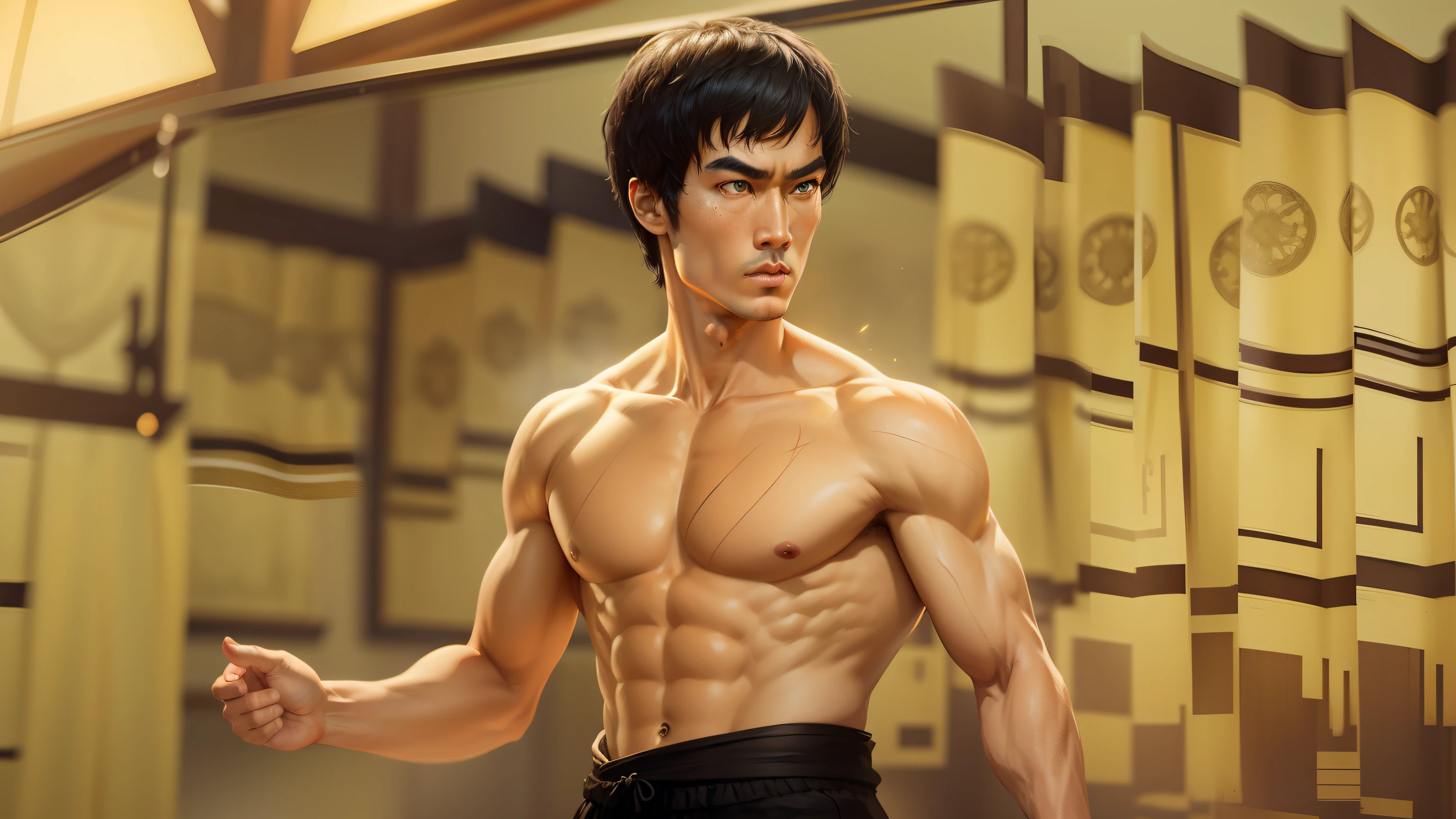 Bruce Lee, full head-to-shoulder portrait, medium full shot Portrait, perfect detailed face, detailed symmetric hazel eyes with circular iris soft natural lighting, symmetrical, natural skin texture, soft lighting, detailed face, photorealism, soft pastel colors sparkling, looking into the camera, photorealistic painting, sharp focus, 8k, perfect composition, trending on artstation, award-winning photograph, unreal engine 5, cinematic smooth, intricate detail, studio photo, highly detailed. simple background.