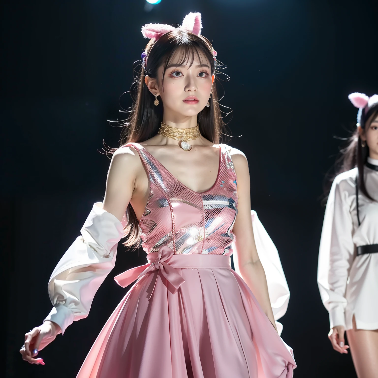 （8K分辨率，shot from a far distance，Close-up photos，Realistic wallpapers），（1 female，age 22，（Yamamoto's facial features：1.6，Face with thin bones，s delicate face），com rosto detalhado，（Delicate Japanese makeup），Beautiful face，com rosto detalhado，详细的脸，Ultra-fine makeup，Black colored eyes，（Look into the distance），Long black straight hair，（By bangs，dual horsetail，Messy hair，Messy has layers），Redlip，Fair smooth skin，（Best Skin Type：1.21），mediuml breasts，（shift dresses，Princess dress，Student kits，Wide T-shirt，Mesh fake coat，（materpiece：terylene，Lycra cotton，elasticity），Ribbon hairpin，Garland headdress，耳Nipple Ring，choker necklace，Yarn gloves，high-heels），Tall and tall，perfect hand，Ultra-fine clothing material），（Stage performances，Exquisite stage details，（Vista view of the catwalk，Outdoor catwalk，Tokyo fashion show，Kansai Hanakui，neonlight，A large audience in the audience，Model on the catwalk）），（exhilarated，ssmile，narcissistic，Rejoice），（Various stage lighting assistance，profesional lighting，动态照明），（（vibrant with colors，，Reserved，ellegance，vivaciousness，（white colors，purpleish color，blue colors，in pink））），（Golden section，Cinema lenses，Hasselblad photograp，tmasterpiece：1.3），（Pure，adolable，Delicate，dream magical，Little woman，Raised sexy，trendsetting，Street style，Artis，Art platform）