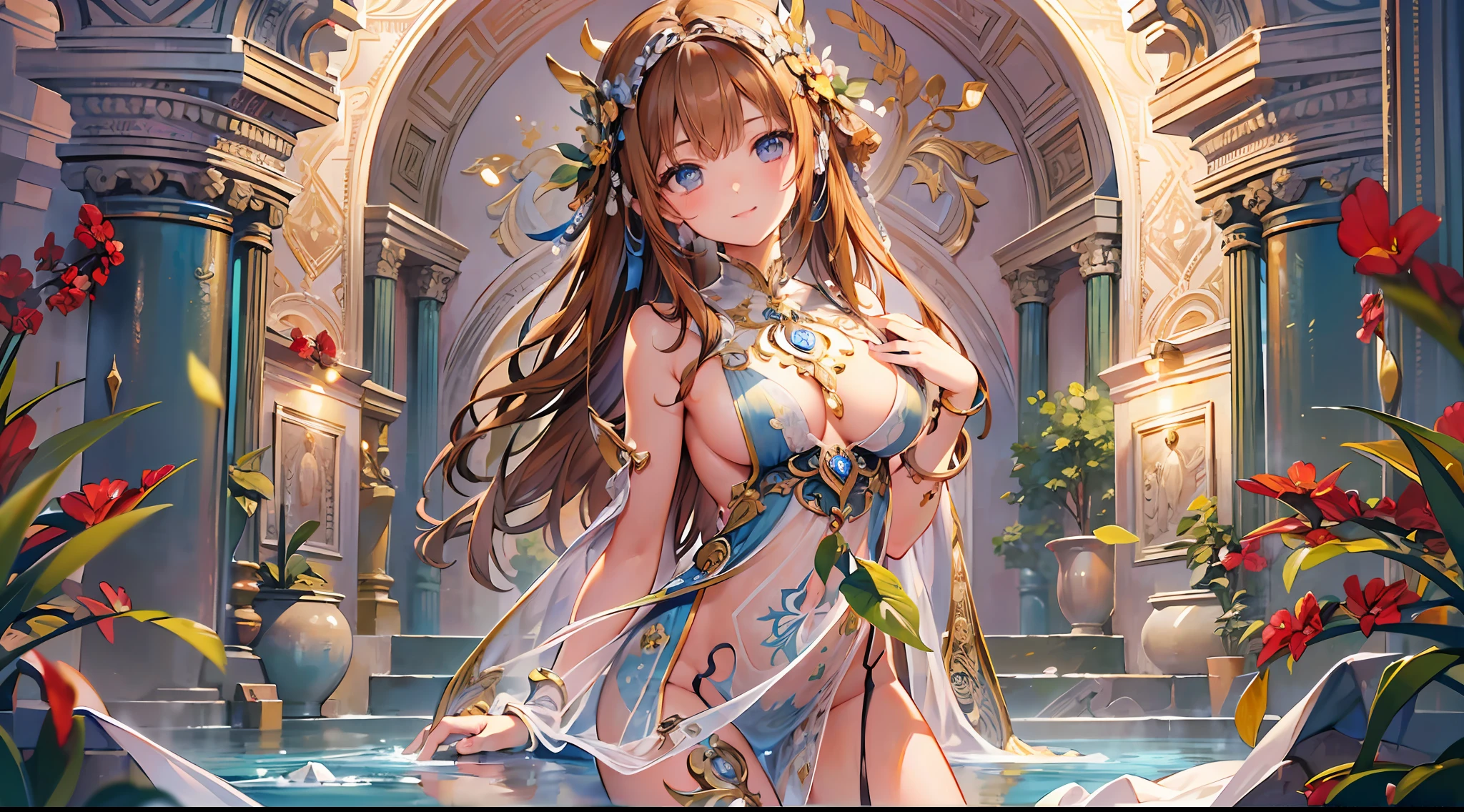 Masterpiece, top quality, super detailed CG, intricate details:1.5), 8k wallpapers, elaborate features,
(1 person, solo:1.4), perfect cartoon illustration, 1 girl, cute face, smiling, naked, her skin wet with hot water, spacious Roman termae, full body illustration,