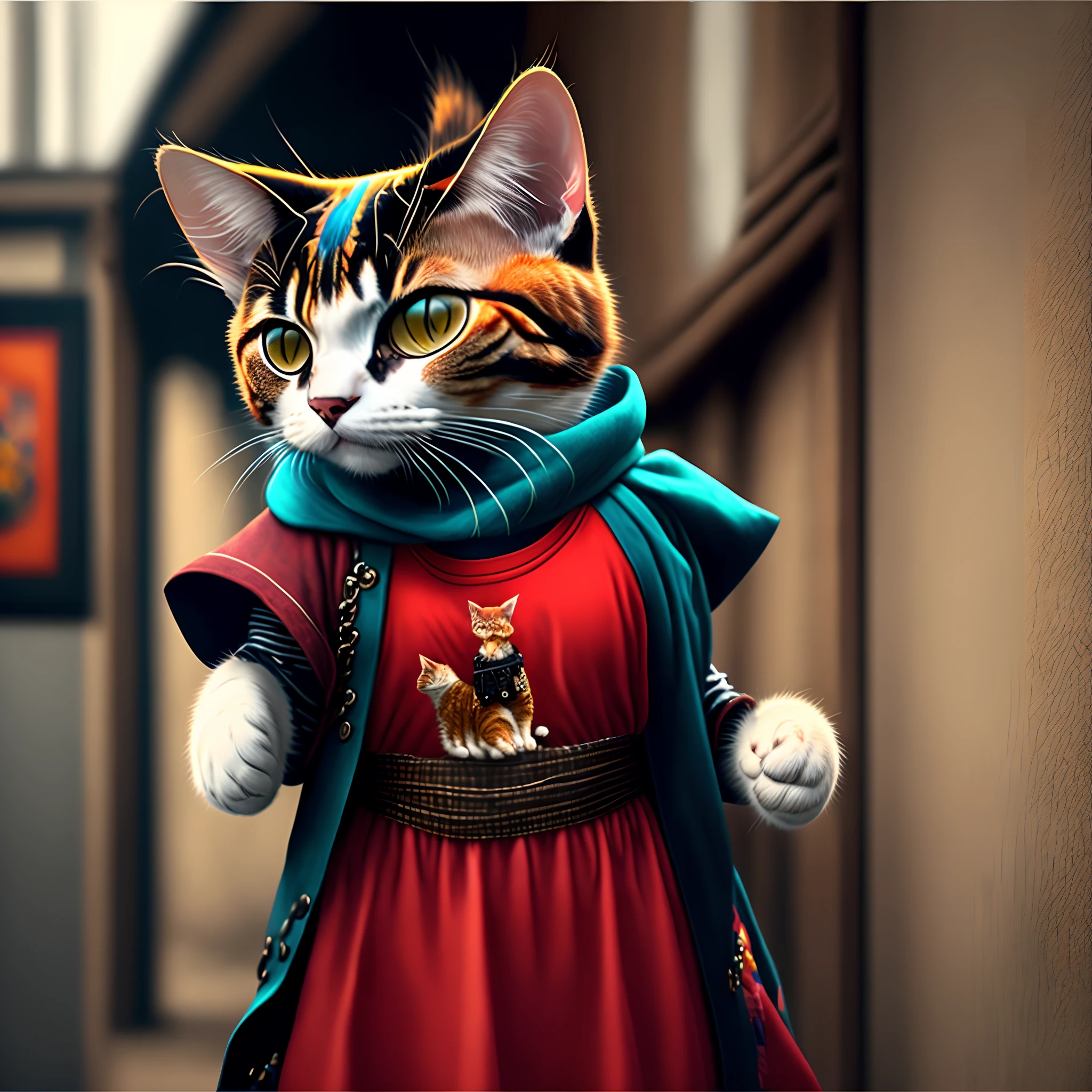 imagem de um gato, Art Station Trend, vestido com roupas punk, hyper realistic detailed rendering, British gang member, estilo urbano, pose intimidadora, planeta dos gatos, roupas da moda, samurai urbano, miau, West Slavic traits, design circular, camiseta lisa