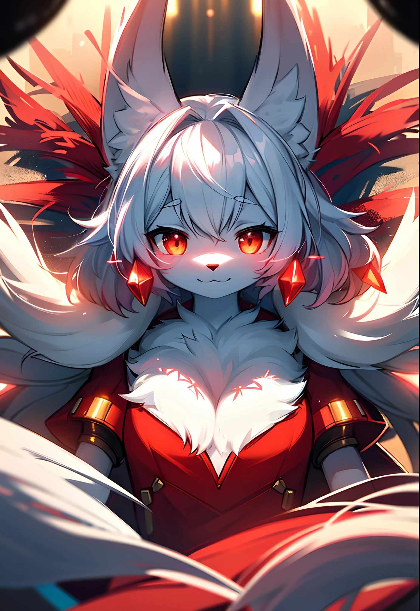furry, white fur, ultra cute face, red elements on fur, glowing t-shrt, beautiful lights and shadows, ambient light, ultra detailed fur, volumetric light