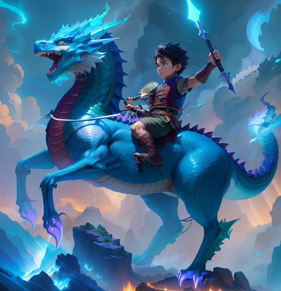 There was a boy riding a dragon with a sword in his hand..., Dragon Rider, Dragon Ride, Style Rob Rey and Kentaro Miura, Epic full color illustration, Rob Rey and Kentareõ Miura Style, Inspired by Jeremy Chong, Fat vs Dragon. passenger, Ross Tran and Bayard Wu, by Yang J, epic fantasy digital art style