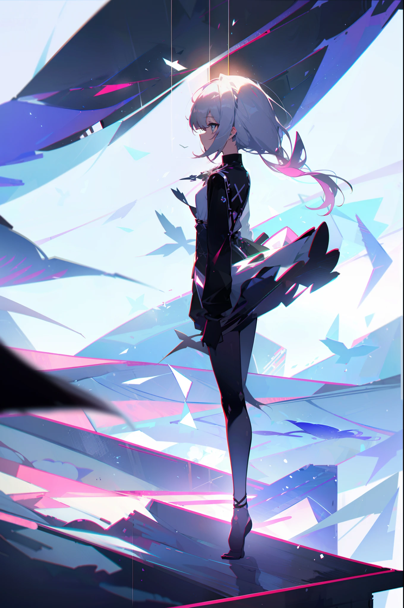 MKSKS style, (Very detailed background:1.0), (highly detailed back ground:1.0), 1girll, full_Body,,frontage，Masterpiece, Best quality, (1girll, Solo, Girl:1.2), ，standing,Mannequin，catwalks，white backgrounid，On white background，Arm raised，Low ponytail，Long side lock，White hair，black latex