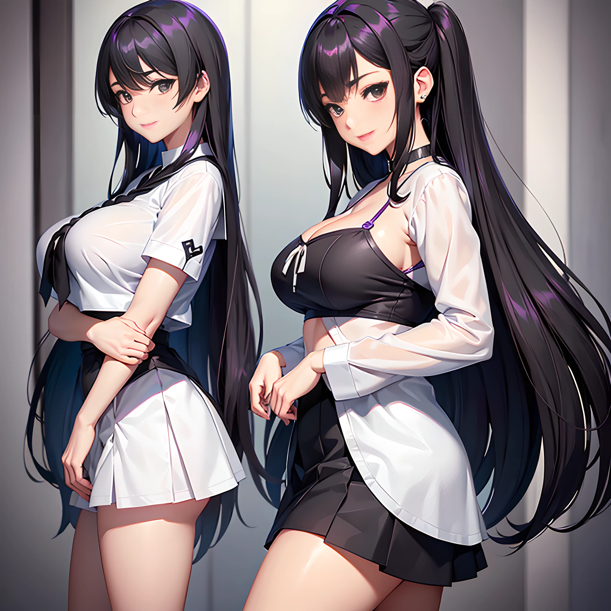 Anime girl with long black hair and white shirt and black skirt, oppai, Kantai Collection Style, Ecchi anime style, Seductive Anime Girl, anime moe art style, Teasing smile, (SFW) safe for work, a hyperrealistic schoolgirl, shikamimi, kancolle, Bottom Angle, heavy gesture style closeup, Korean girl in 20s, lush lashes, purple lace bralette, diamond choker, huge size. (8K, Best Quality : 1.2), (Masterpiece, Photorealistic : 1.3), Super Detail, anatomically correct